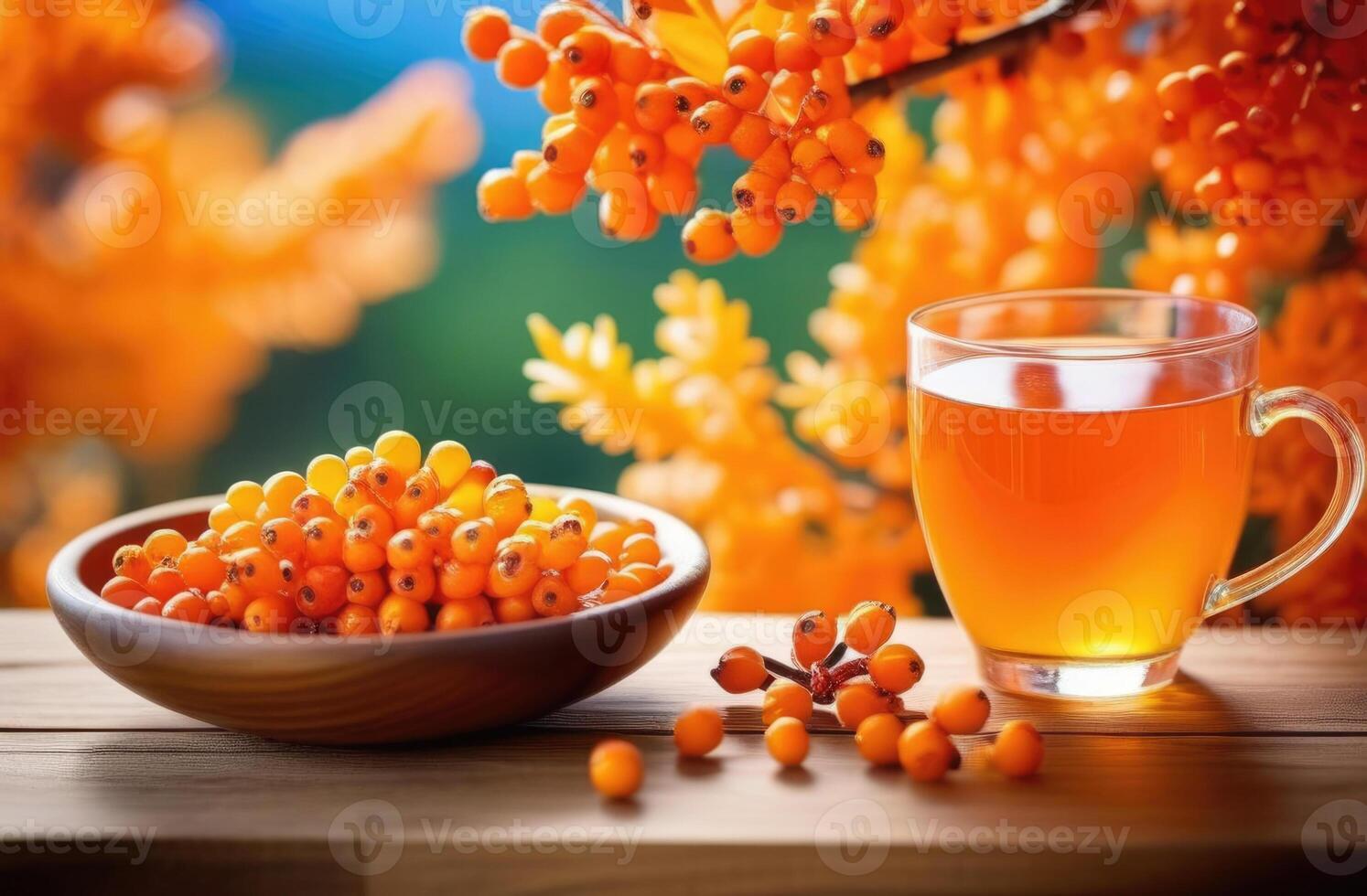 AI generated a cup of sea buckthorn tea on a wooden table, ripe sea buckthorn berries, against the background of a branch of a sea buckthorn tree, an orchard photo