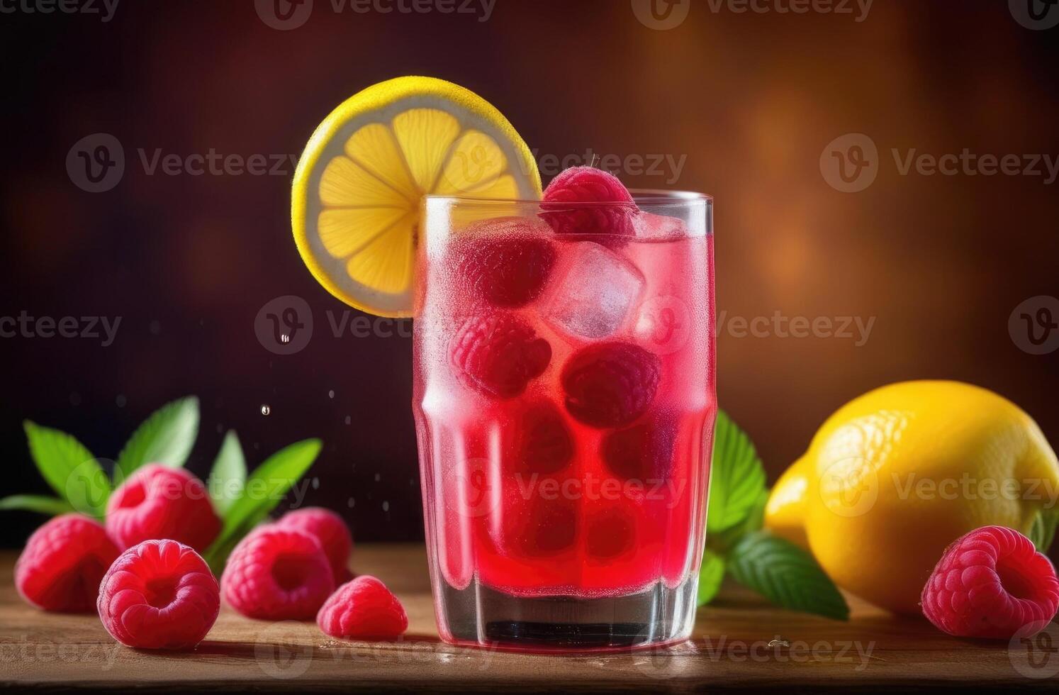 AI generated glass of non-alcoholic raspberry lemonade with mint, refreshing drink, detox water, fresh summer cocktail with ice, berry cocktail photo