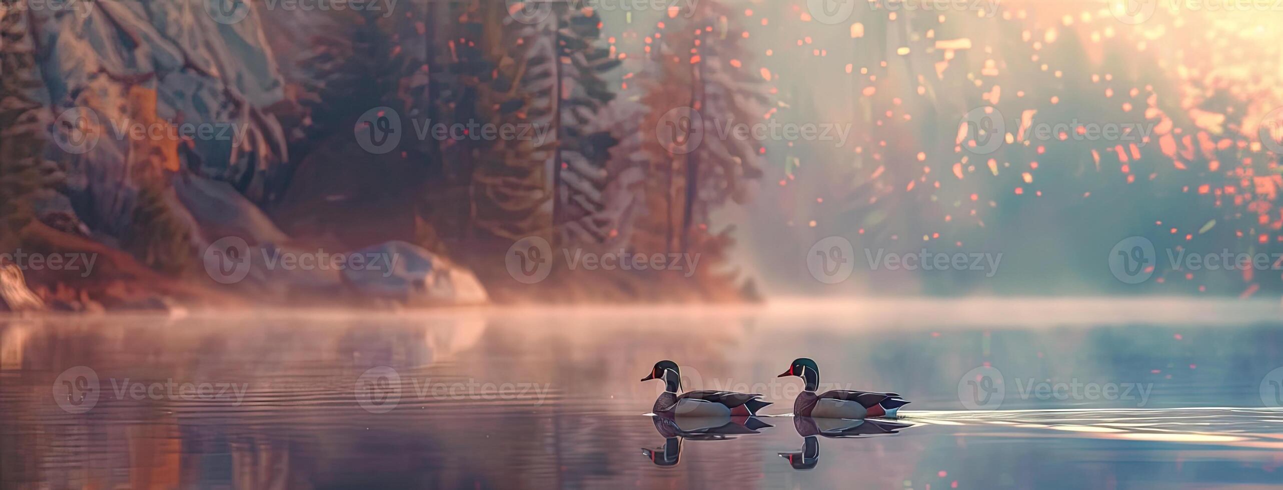 AI generated a pair of Wood Ducks gracefully gliding along the tranquil waters next to the shore of a mountain lake, illuminated by the soft hues of early morning light. photo