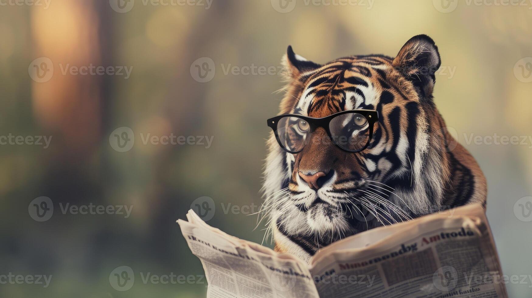 ai generado Tigre vistiendo negro lentes como eso se involucra en el Actuar de leyendo un periódico en contra un sereno, de color claro fondo foto