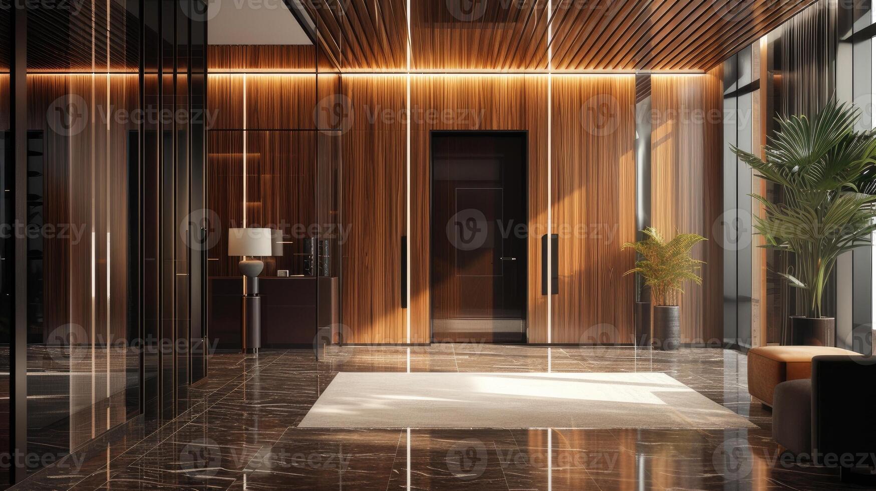 AI generated a carpentry wall surface structure design, enhanced by a glossy finish that accentuates the natural beauty and texture of the wood, creating a stunning visual focal point in any interior photo