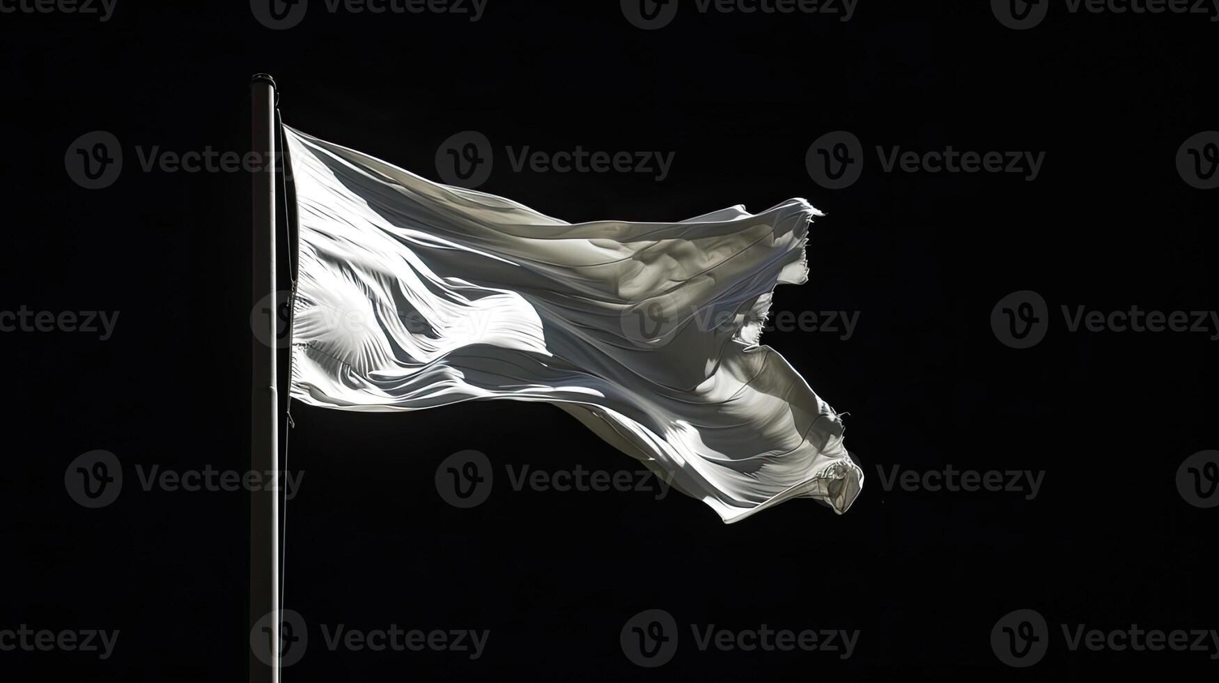 AI generated blank white flag on a flagpole, isolated against a stark black background, conveying a sense of simplicity and purity in its symbolism. photo