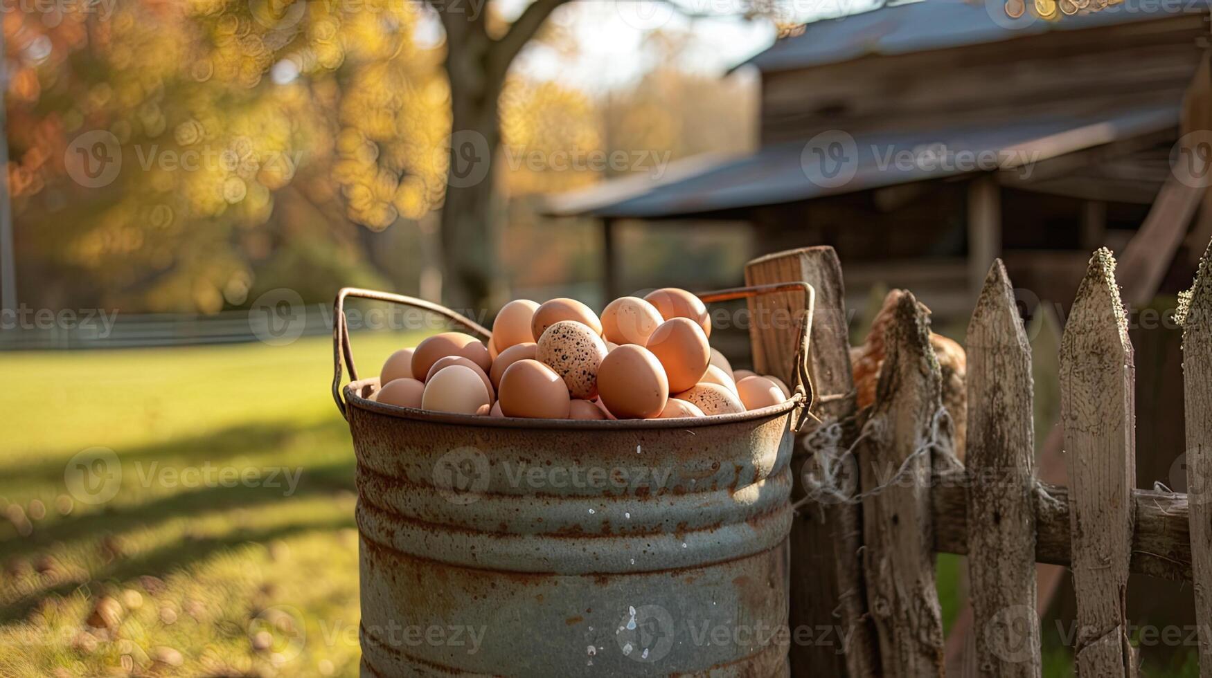 AI Generated a sturdy bucket brimming with freshly collected eggs, nestled beside the picket fence of a rustic chicken coop, epitomizing the charm of country living. photo