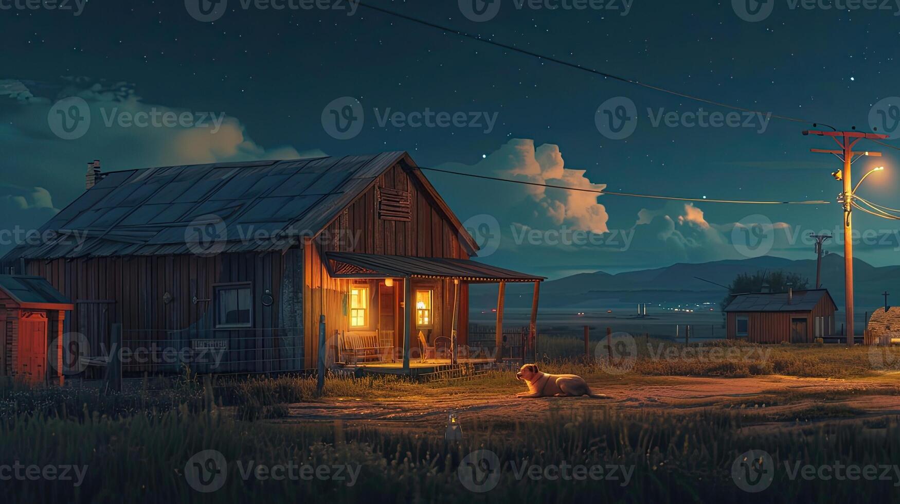 AI generated a small western town at night, with a warmly illuminated wooden house and a faithful dog resting on its doorstep, evoking the timeless allure of frontier life. photo