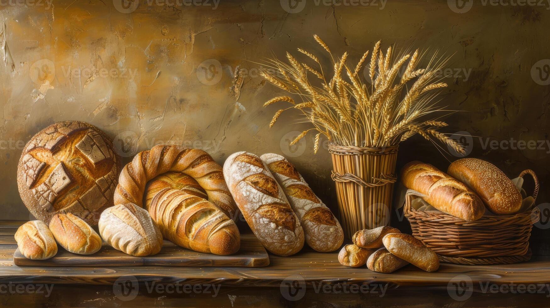 AI generated freshly baked artisanal bread arranged on a polished wooden counter, inviting viewers to savor the craftsmanship and flavor. photo