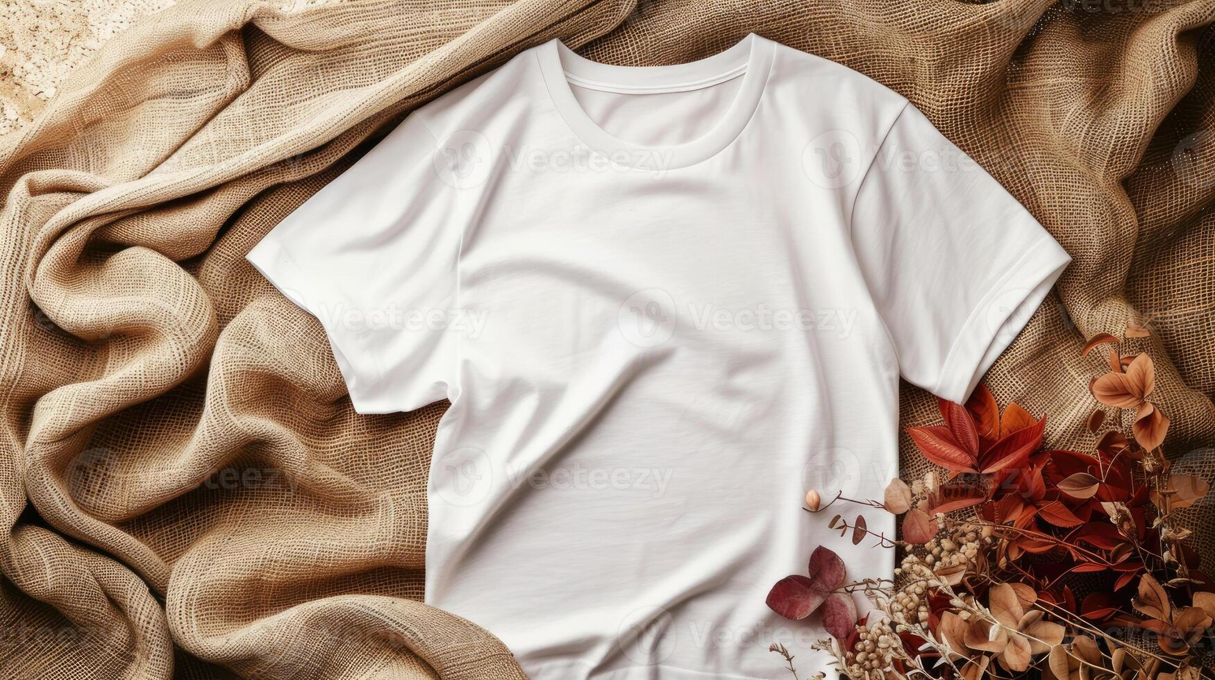 ai generado un blanco camiseta Bosquejo con un blanco camisa modelo foto, presentando elegante otoño accesorios en contra un rústico arpillera antecedentes para un de moda y estacional estético. foto
