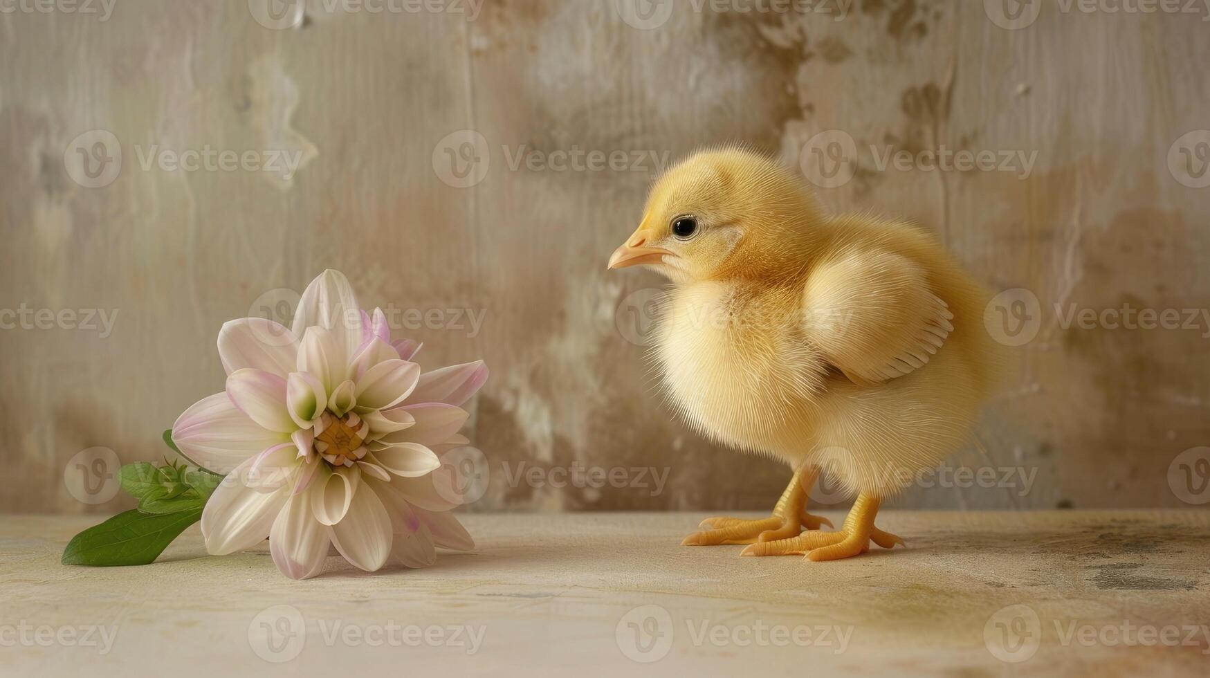 AI generated a very cute yellow chick standing against a captivating light monochromatic background, with a delicate flower nearby, creating a heartwarming and enchanting scene of innocence and beauty photo