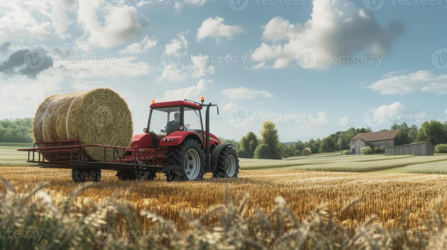 AI generated a farmer operating a tractor to load round hay bales onto a trailer, showcasing the agricultural process of harvesting and transporting straw bales with authentic realism and detail. photo