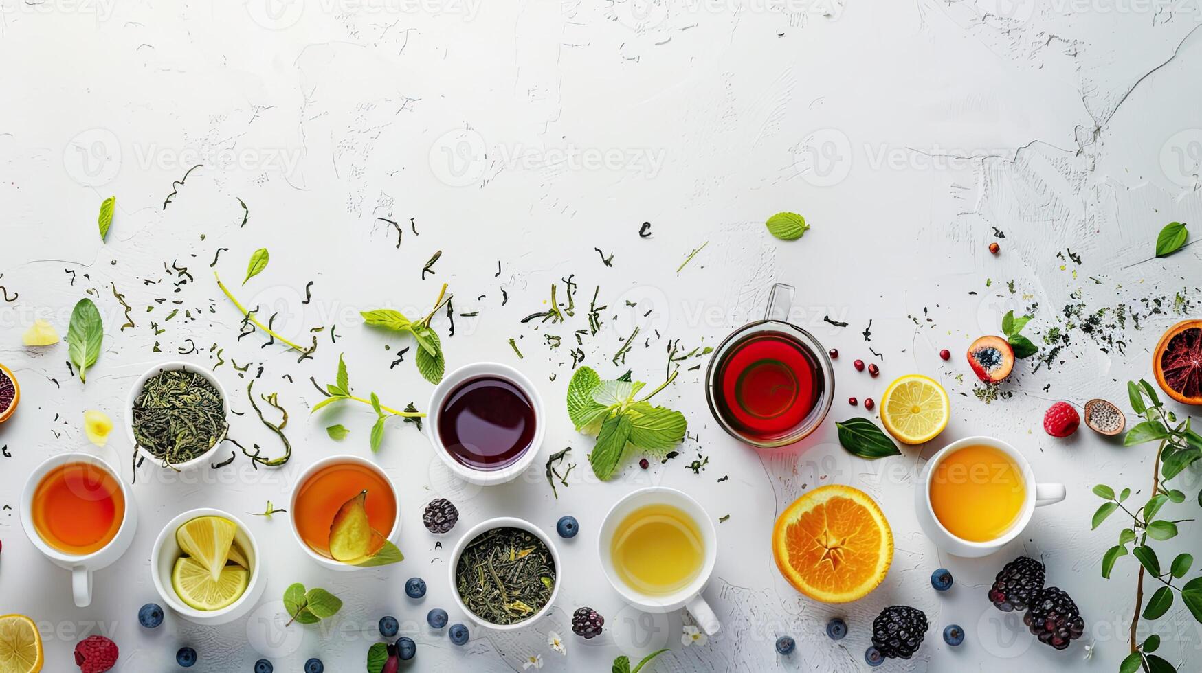 AI generated cups of various teas including green, black, fruit, and herbal tea on a white background, inviting viewers to indulge in a sensory journey of tea exploration. photo