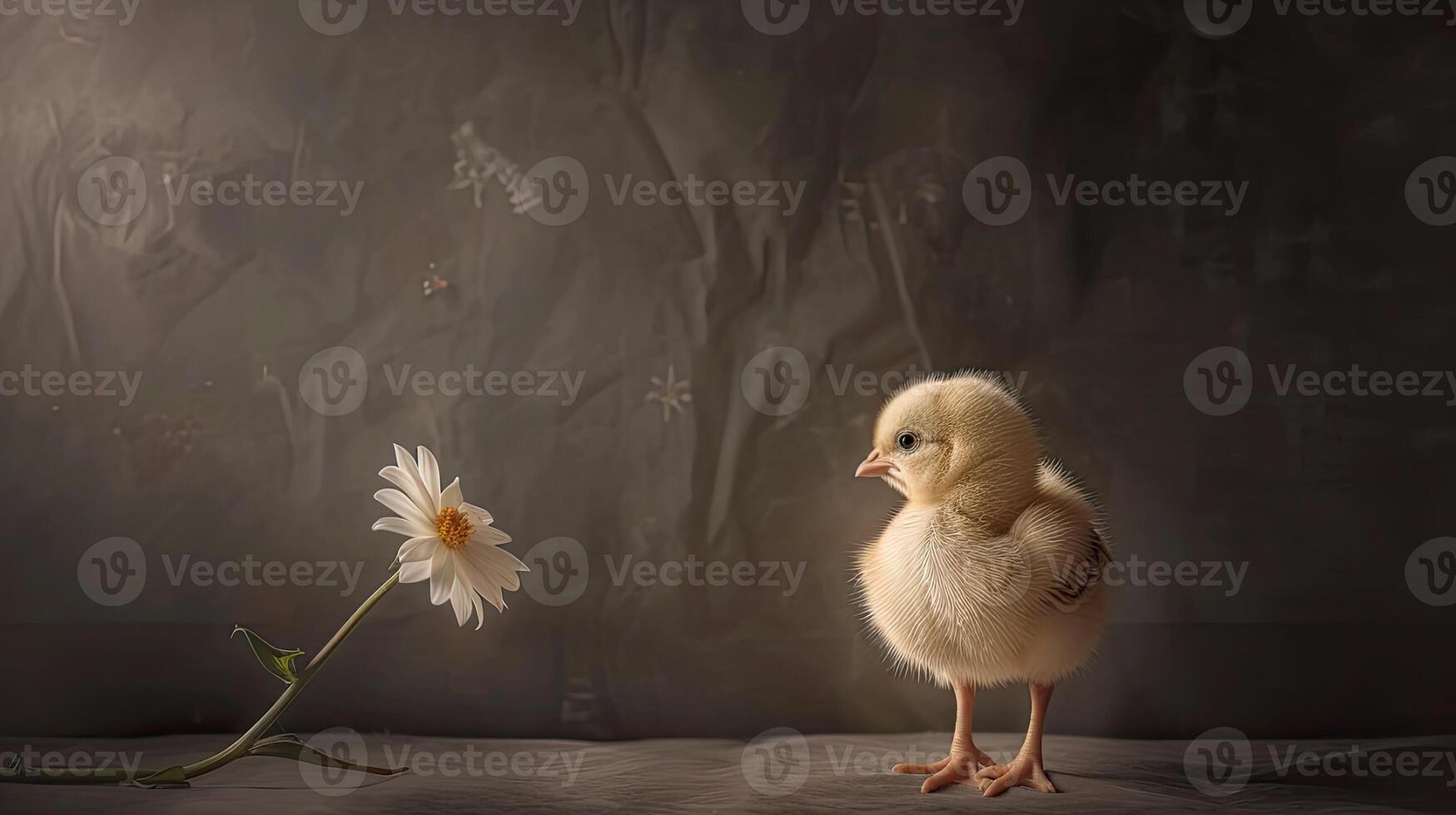 AI generated a very cute yellow chick standing against a captivating light monochromatic background, with a delicate flower nearby, creating a heartwarming and enchanting scene of innocence and beauty photo