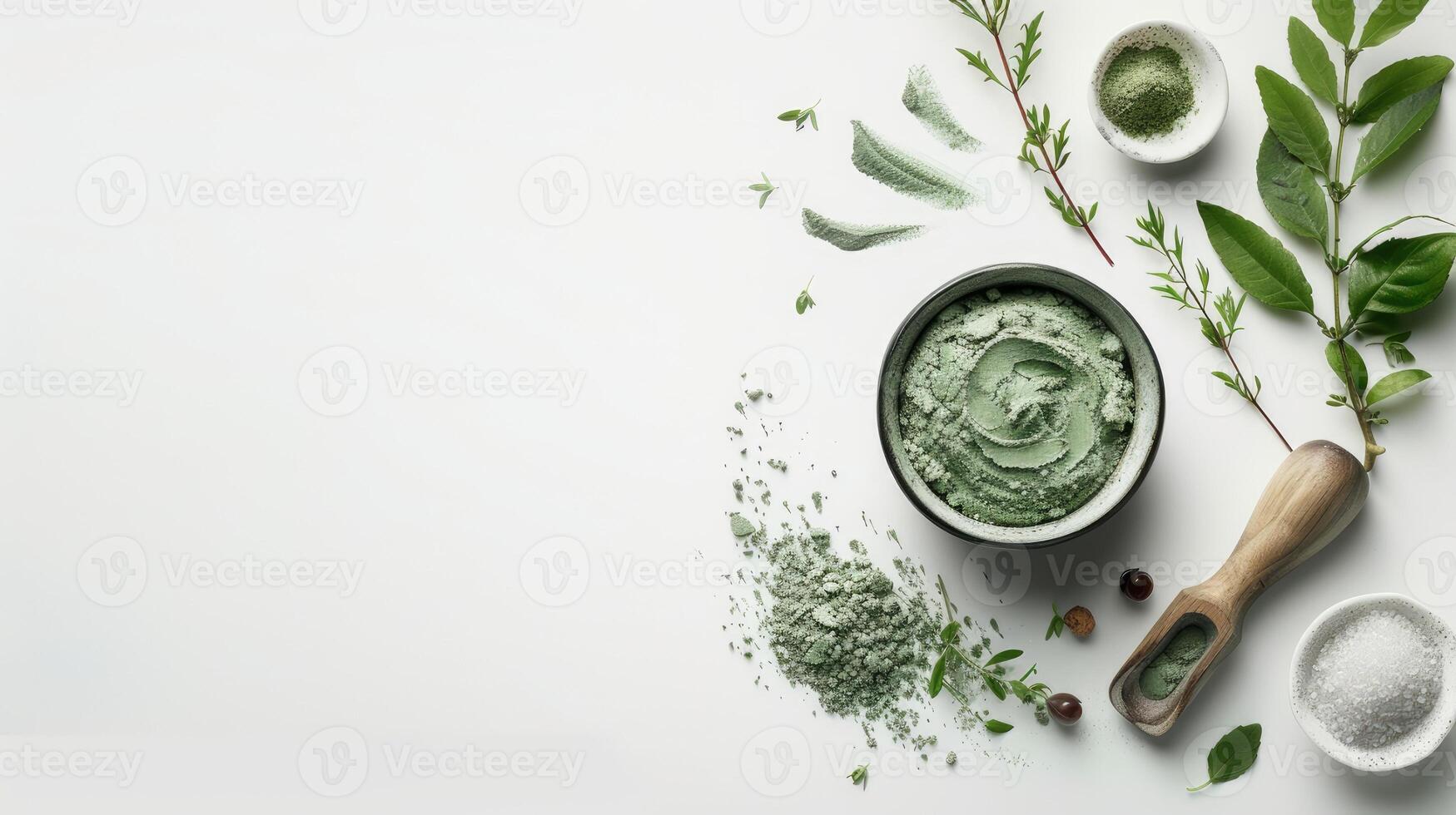AI generated an exfoliating scrub enriched with green clay and natural ingredients, with a beauty mask delicately applied on a clean white background, inviting viewers to indulge in self-care. photo