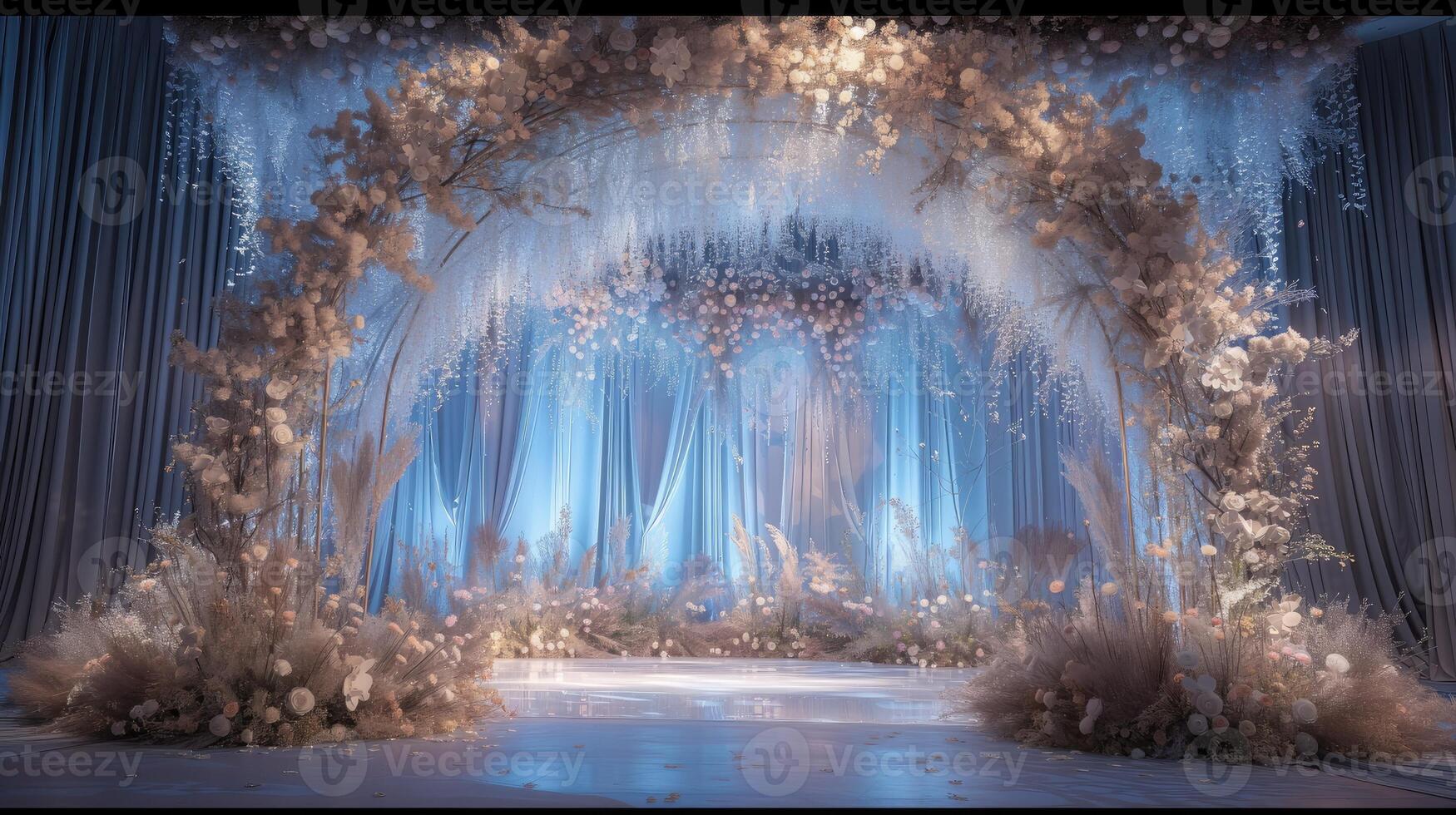 AI generated a romantic wedding stage adorned with delicate flowers, emanating an atmosphere of love and enchantment as couples exchange vows in a breathtaking setting. photo