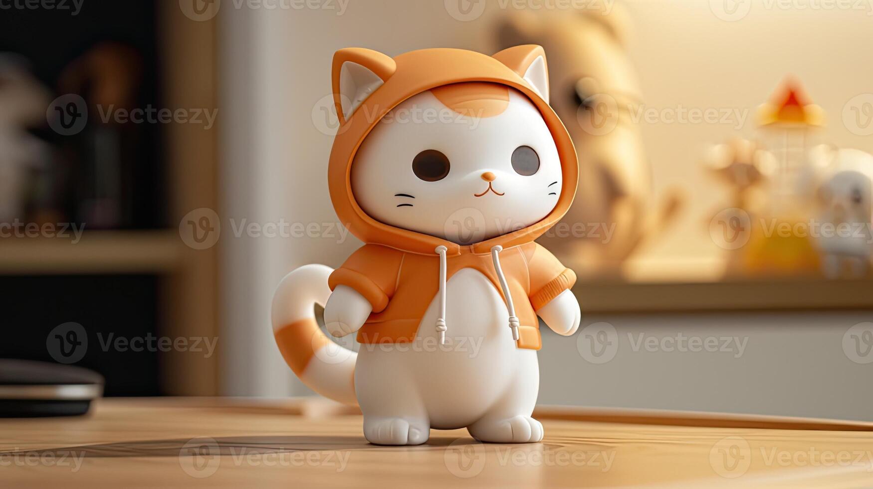 AI generated a cute little cat donning a hoodie, captured in a standing posture against a solid light background, showcasing super-detailed craftsmanship from a main view. photo