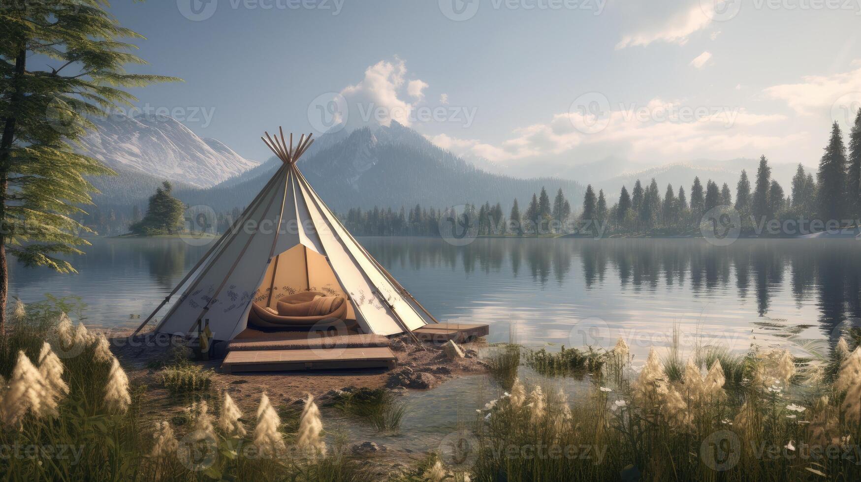 AI generated a tent pitched by a serene lake, enveloped in hazy romanticism, where the soft glow of the setting sun casts a mesmerizing ambiance over the natural landscape photo