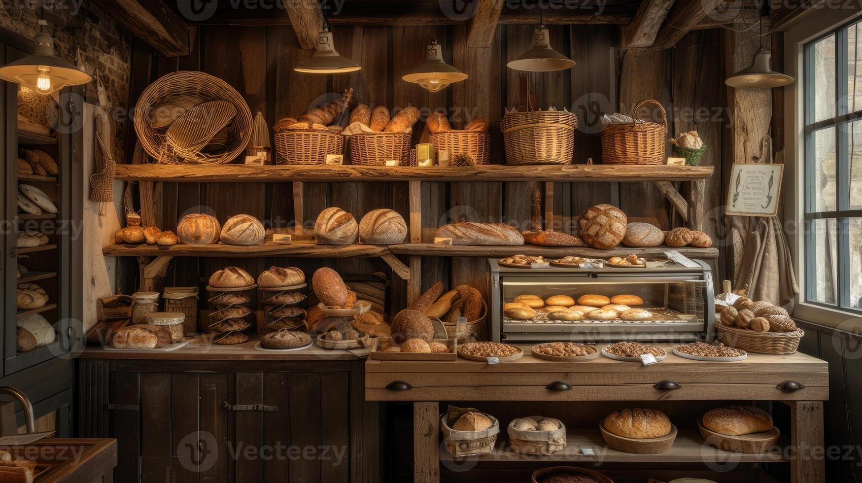 AI generated a quaint bakery, where artisanal bread varieties are artfully arranged on a rustic wooden counter, tempting passersby with their delicious aroma. photo