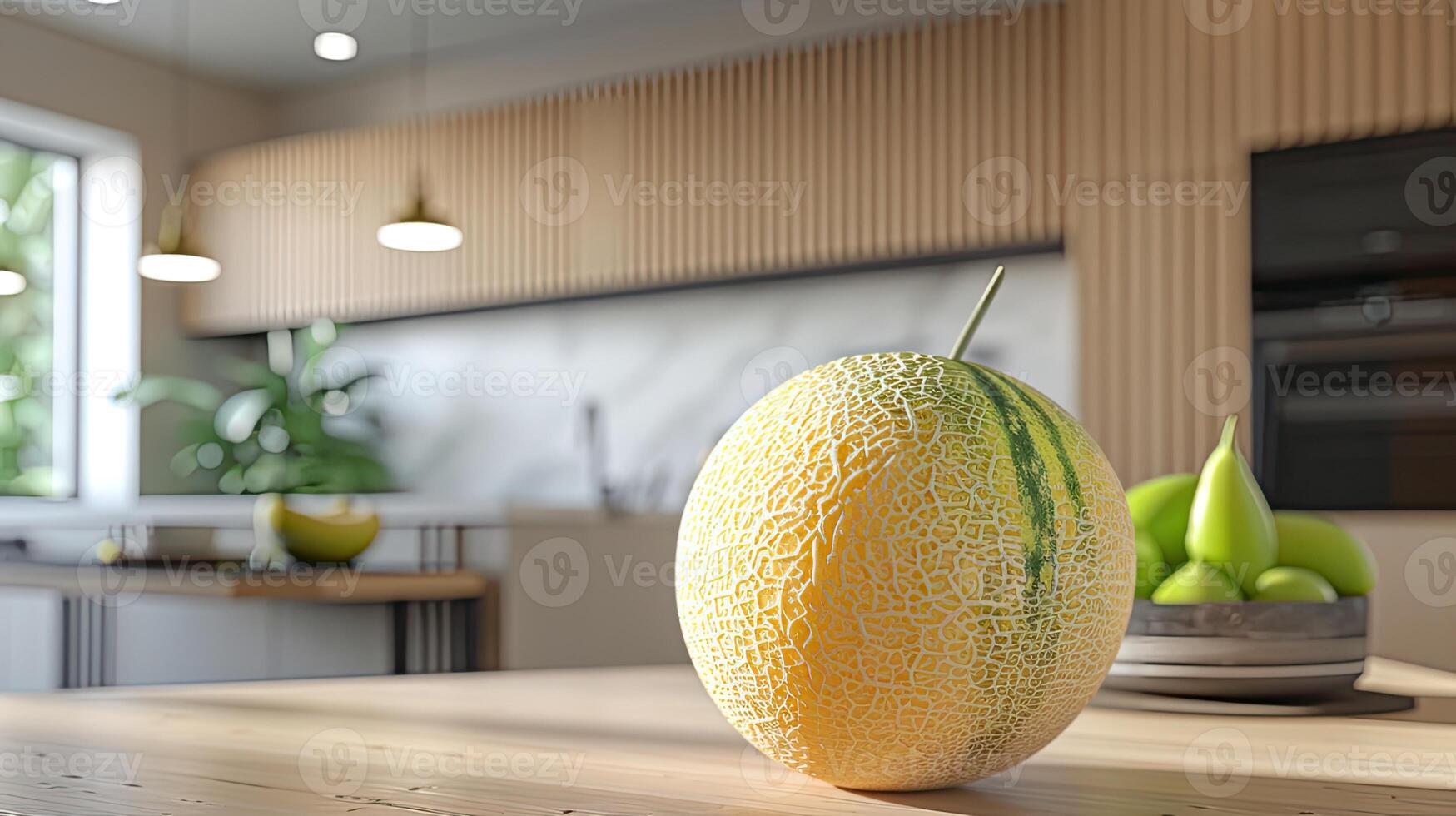 AI generated a melon close-up against a light background in a modern kitchen, showcasing its vibrant colors and enticing texture. photo