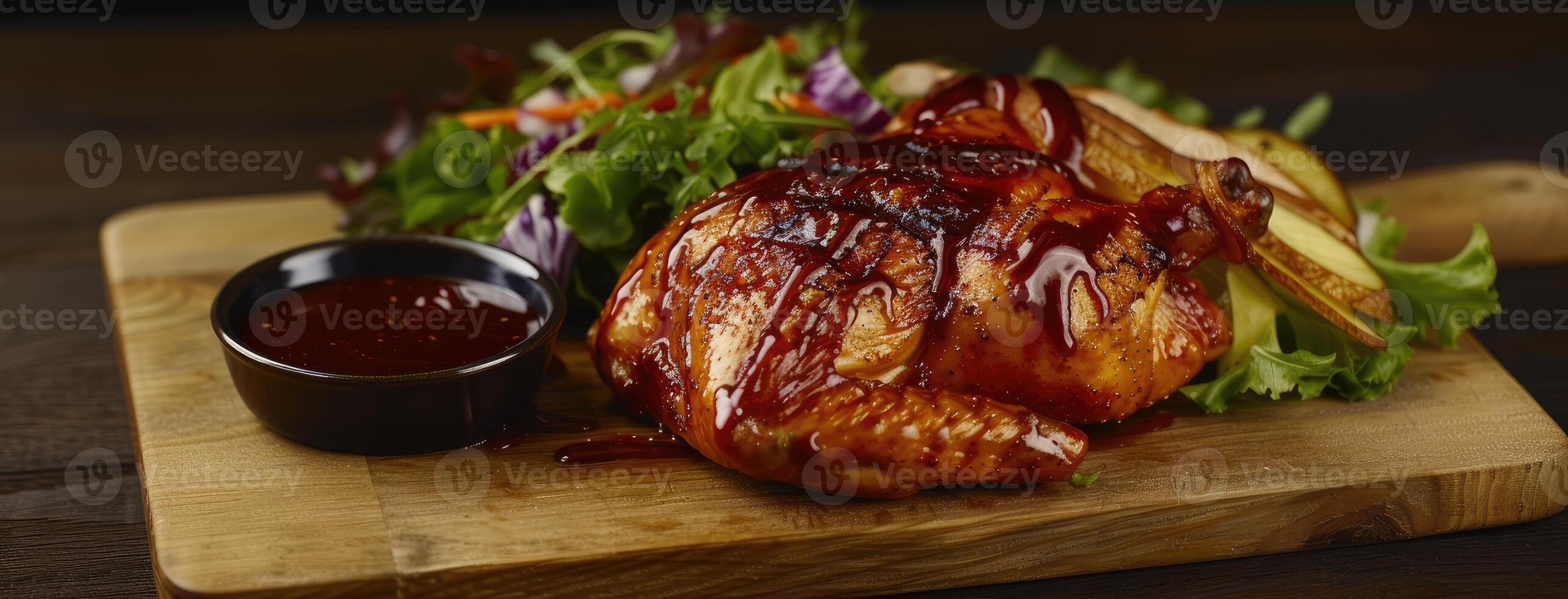 AI generated a half-smoked chicken adorned with barbecue sauce, served alongside a fresh salad and flavorful sauce, the succulent texture and appetizing presentation of delicious meal. photo