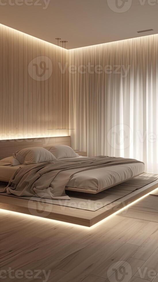 ai generado un contemporáneo dormitorio con un neutral paleta, presentando un elegante plataforma cama bañado en suave ambiente Encendiendo, y adornado con decoración a crear un tranquilo retirada para descansar. foto