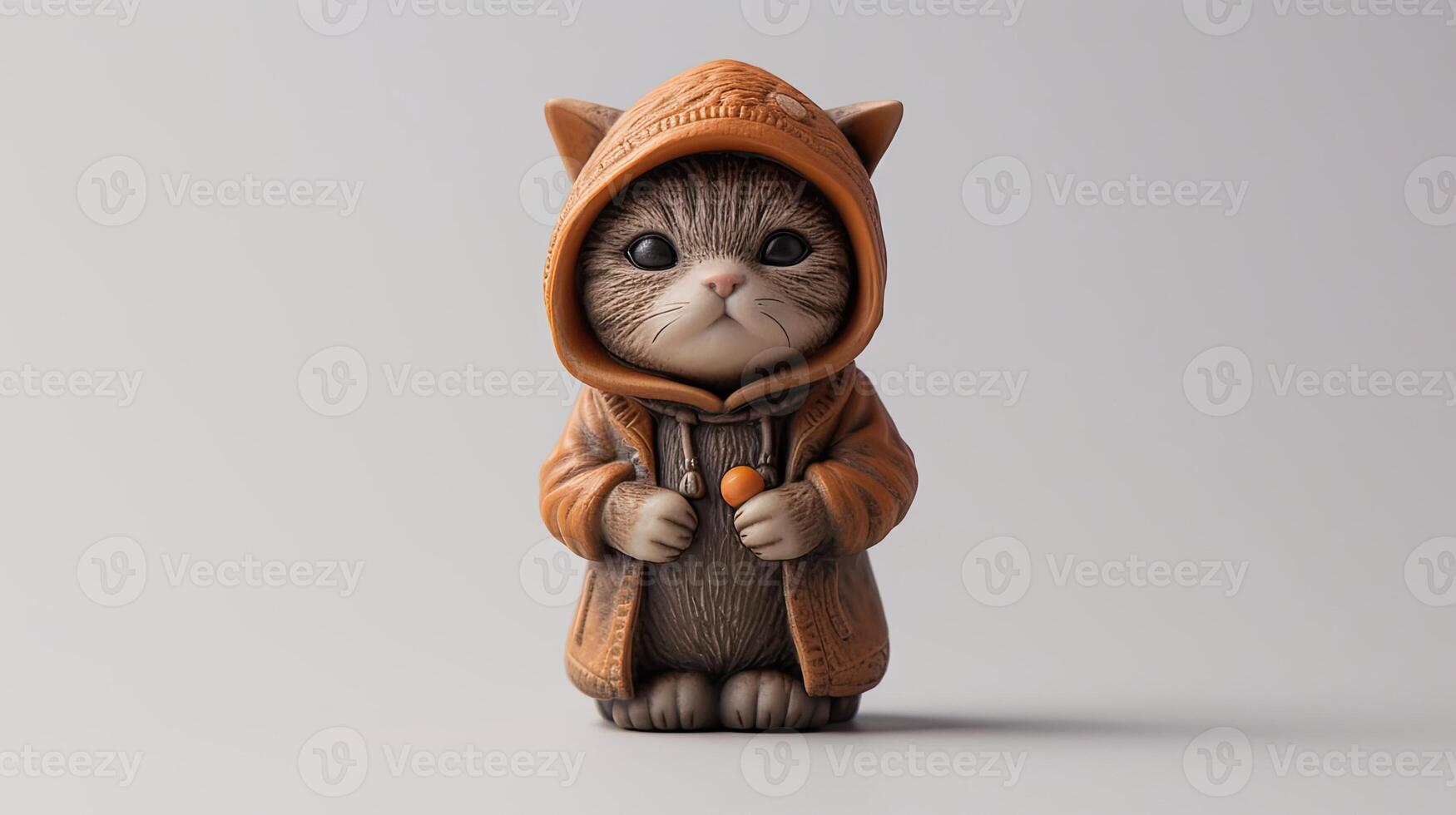 AI generated a cute little cat donning a hoodie, captured in a standing posture against a solid light background, showcasing super-detailed craftsmanship from a main view. photo