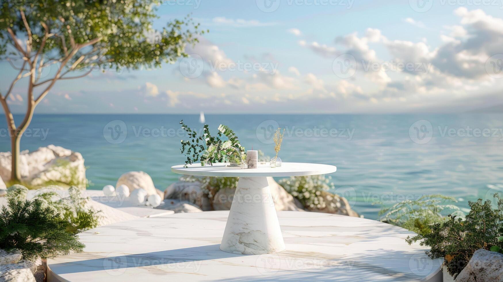 AI generated a white marble table set up for a mockup against the backdrop of a romantic beach wedding reception, featuring soft sand, gentle waves, and dreamy coastal decor. photo