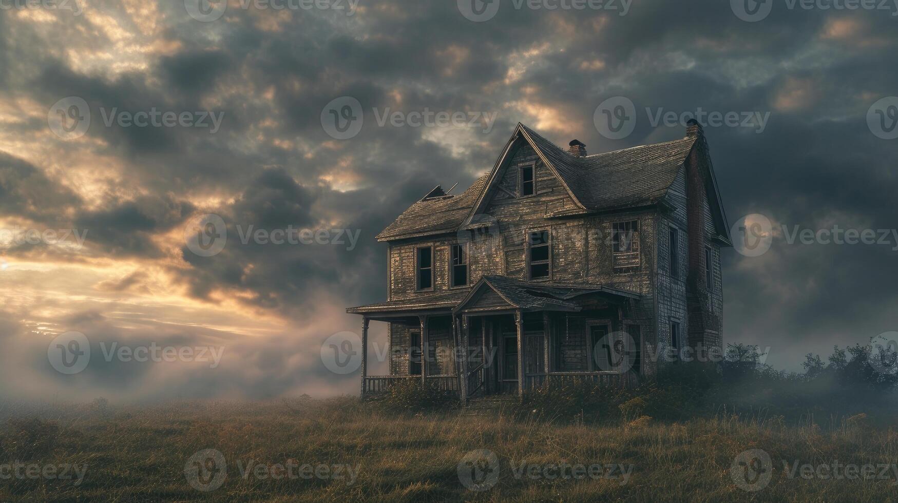 AI generated an old dilapidated house, weathered by time and neglect, in a realistic photograph that evokes a sense of nostalgia and abandonment. photo
