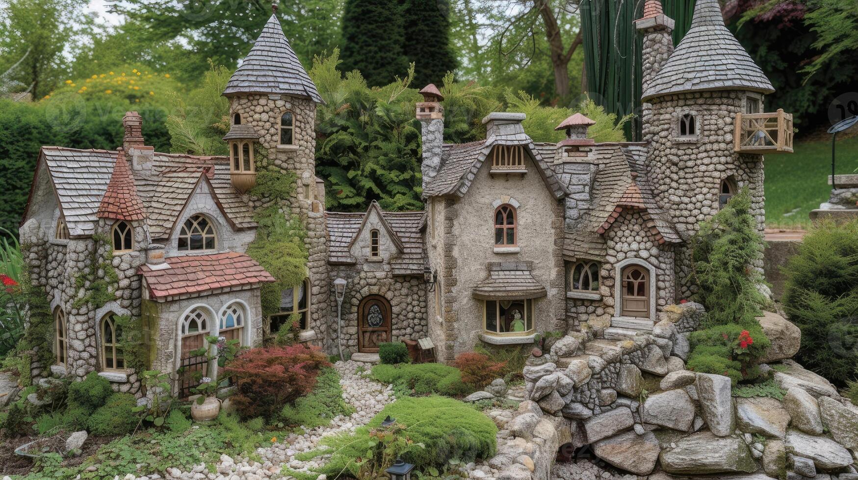 AI generated a small house cleverly designed to resemble a castle, nestled amidst rolling hills and surrounded by whimsical gardens, invoking a sense of fairy-tale charm. photo