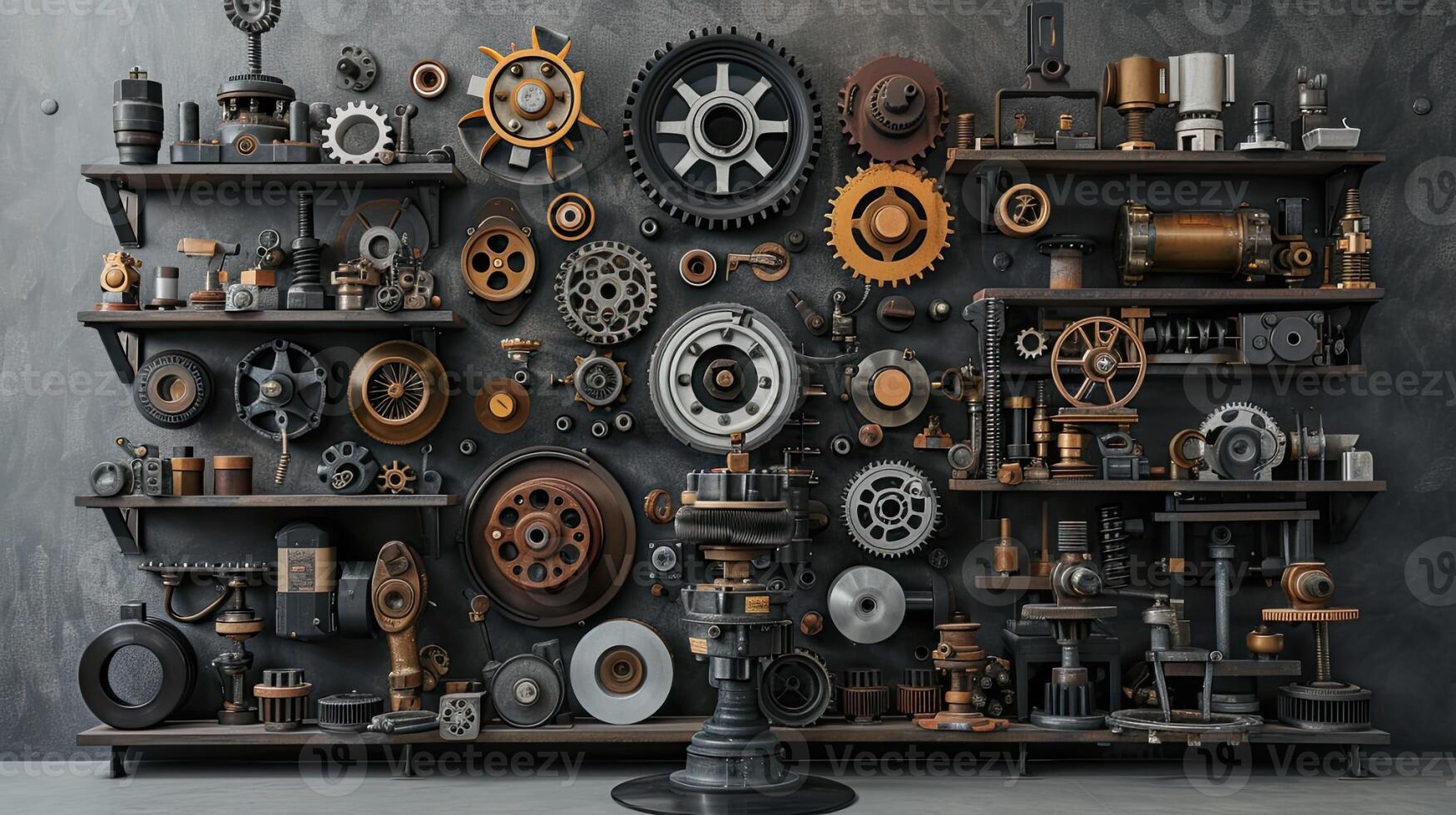 AI generated drum brakes, gears, and assorted metal components artfully displayed on a pedestal, against a grey, oxidized background, evoking an industrial ambiance that celebrates precision photo