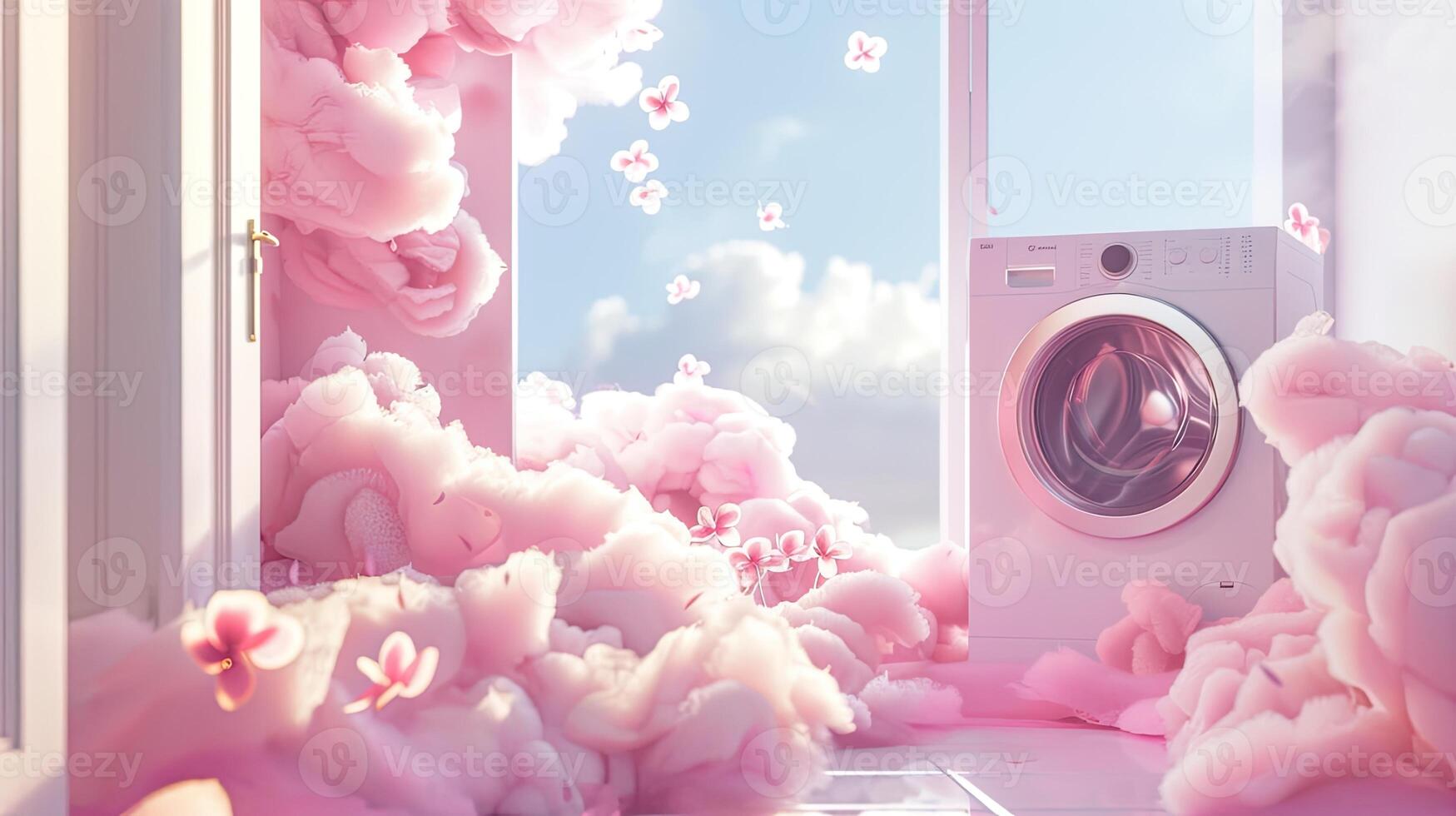 AI generated fragrant pink clouds and floral patterns emerging from freshly laundered items, illustrating the unique floral scent of laundry detergent gel. photo