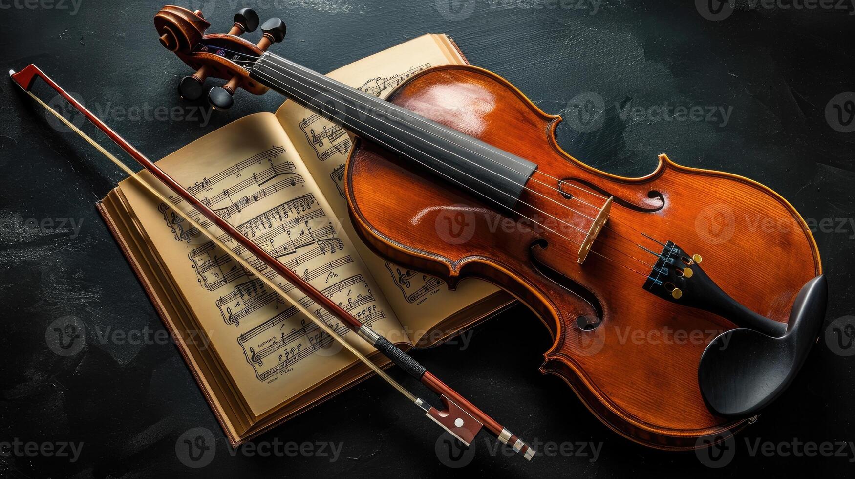 AI generated a violin accompanied by its bow and sheet music, elegantly poised on a black background, with clean lines and natural shadows enhancing its ultra-detailed craftsmanship. photo