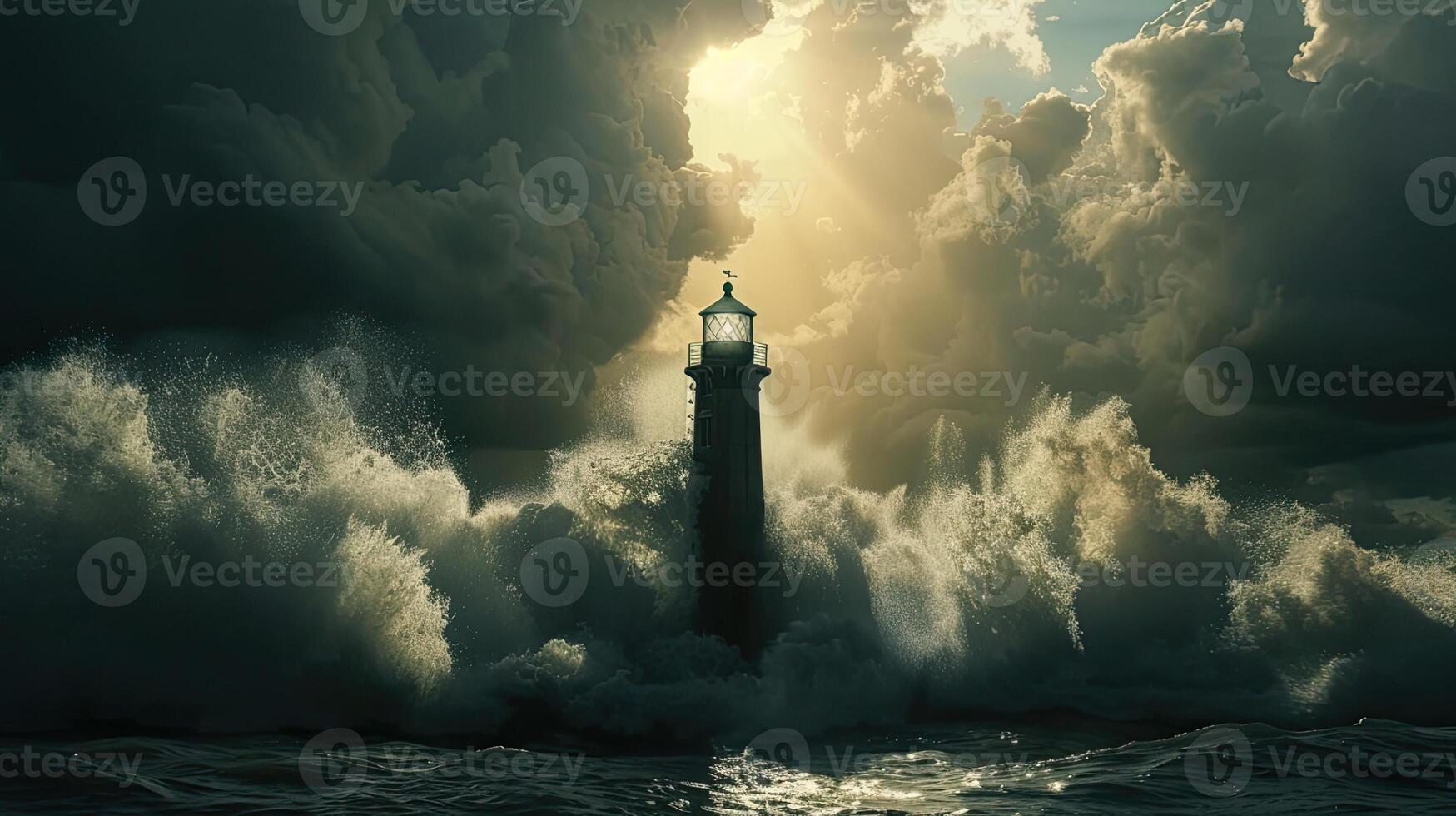 AI generated an offshore lighthouse standing tall amidst crashing waves, its sturdy structure weathering the elements while guiding ships safely through treacherous waters. photo