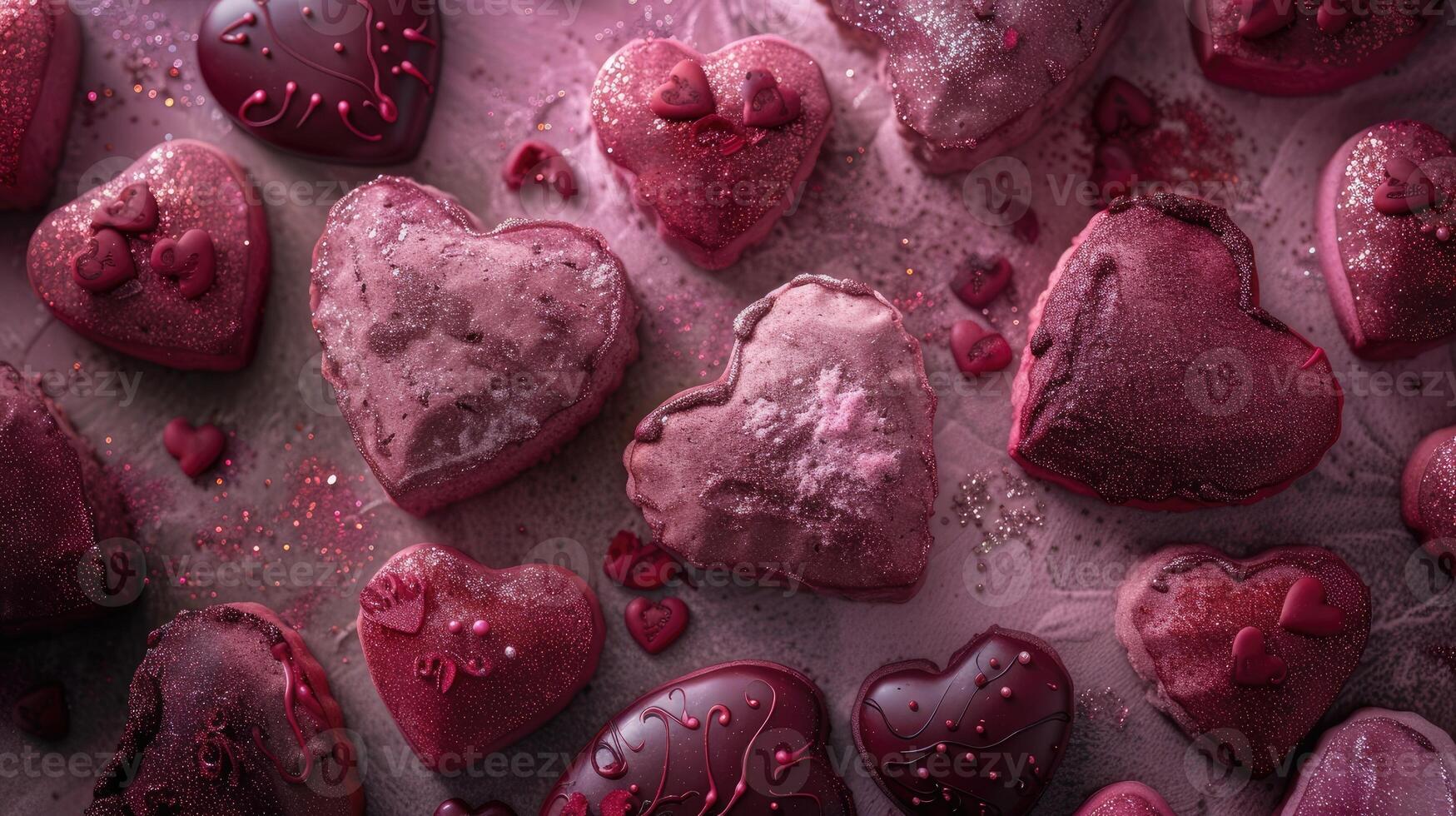 AI generated delicately decorated sweets, heart-shaped cookies adorned with pink and red icing, and sprinkled with edible glitter, evoking a sense of romance and indulgence. photo