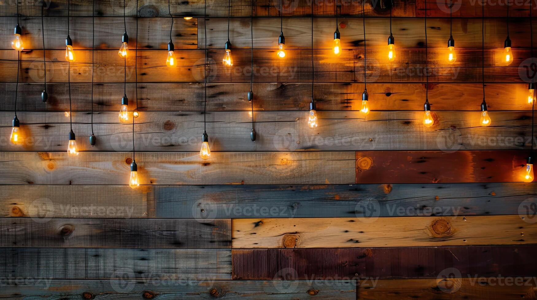 AI generated a wood wall adorned with warm bulb lights, creating a cozy and inviting atmosphere in a living space or cafe setting. photo