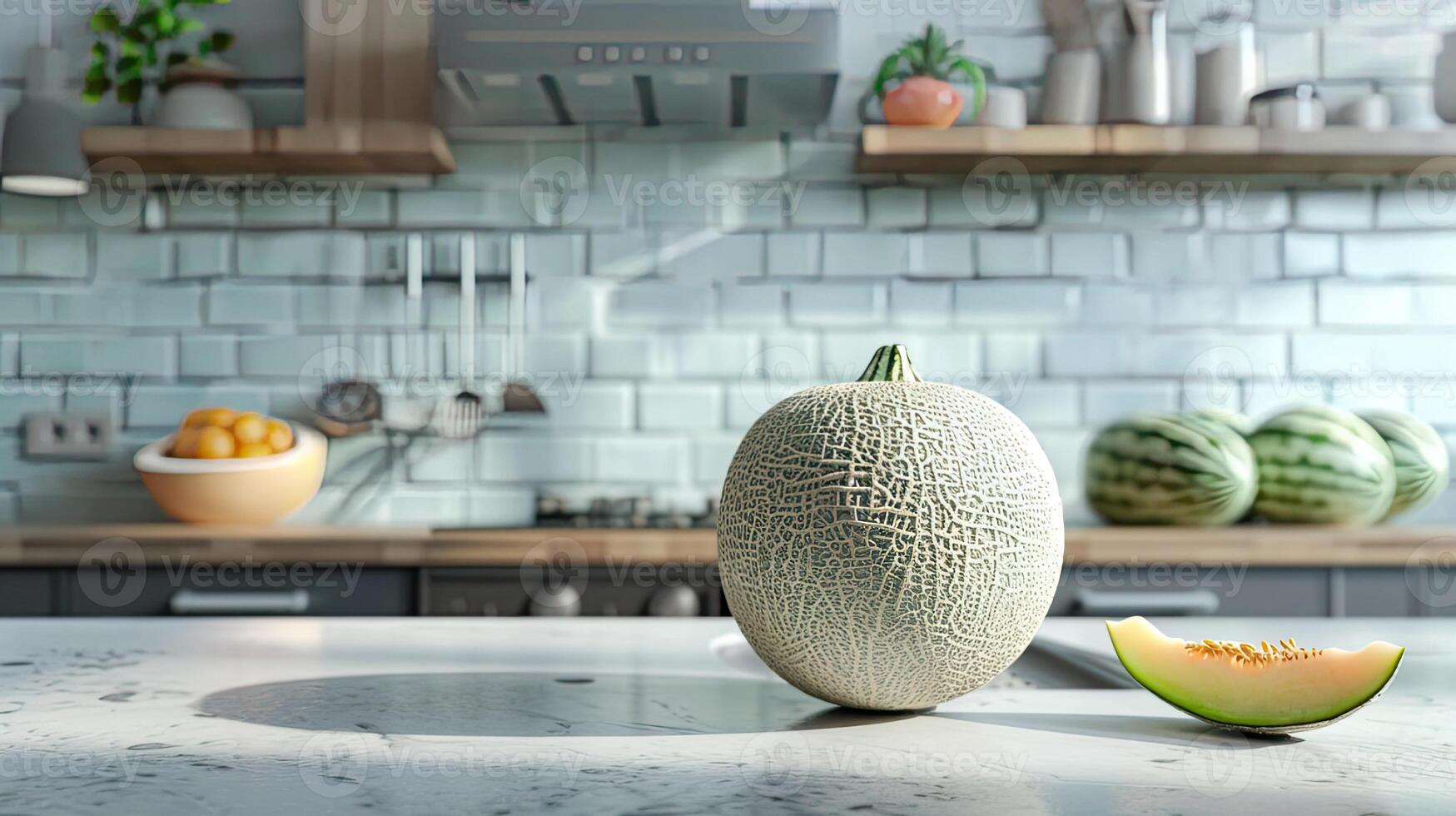 AI generated a melon close-up against a light background in a modern kitchen, showcasing its vibrant colors and enticing texture. photo