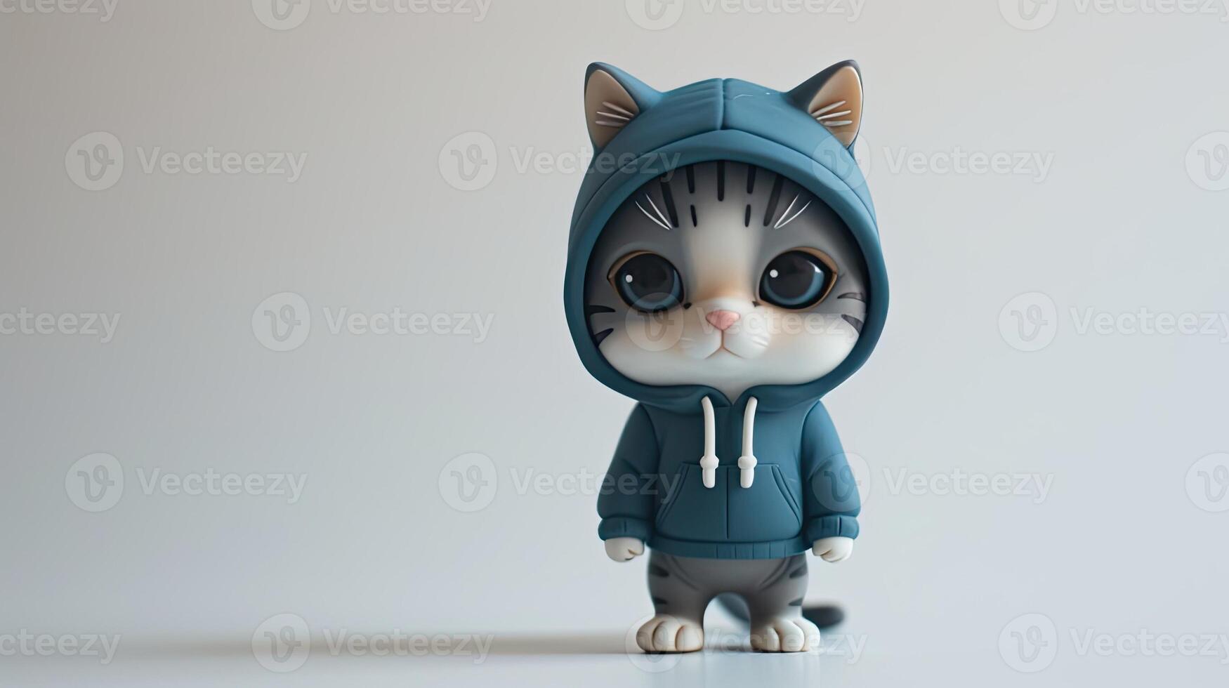 AI generated a cute little cat donning a hoodie, captured in a standing posture against a solid light background, showcasing super-detailed craftsmanship from a main view. photo