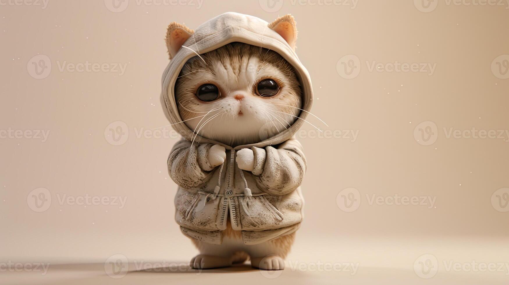 AI generated a cute little cat donning a hoodie, captured in a standing posture against a solid light background, showcasing super-detailed craftsmanship from a main view. photo