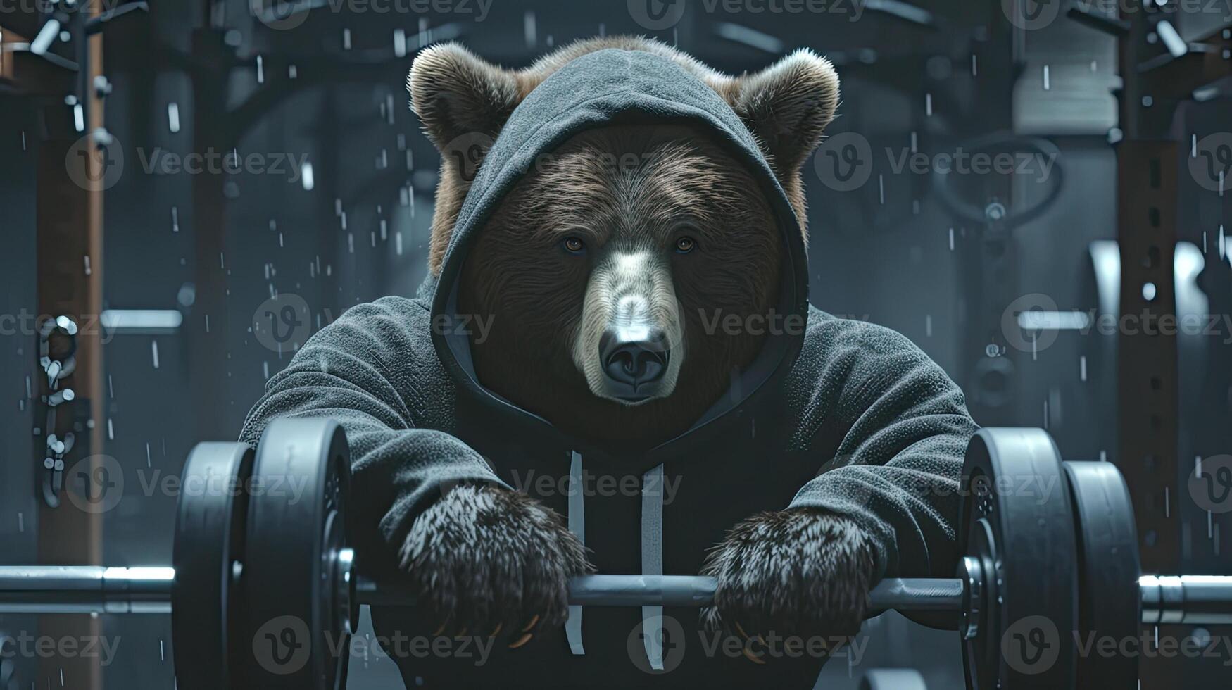 AI generated a bear with fur and brown eyes dons a black hoodie and grey shorts, showcasing strength and determination while lifting heavy weights in the gym, enveloped in an atmosphere of motivation. photo