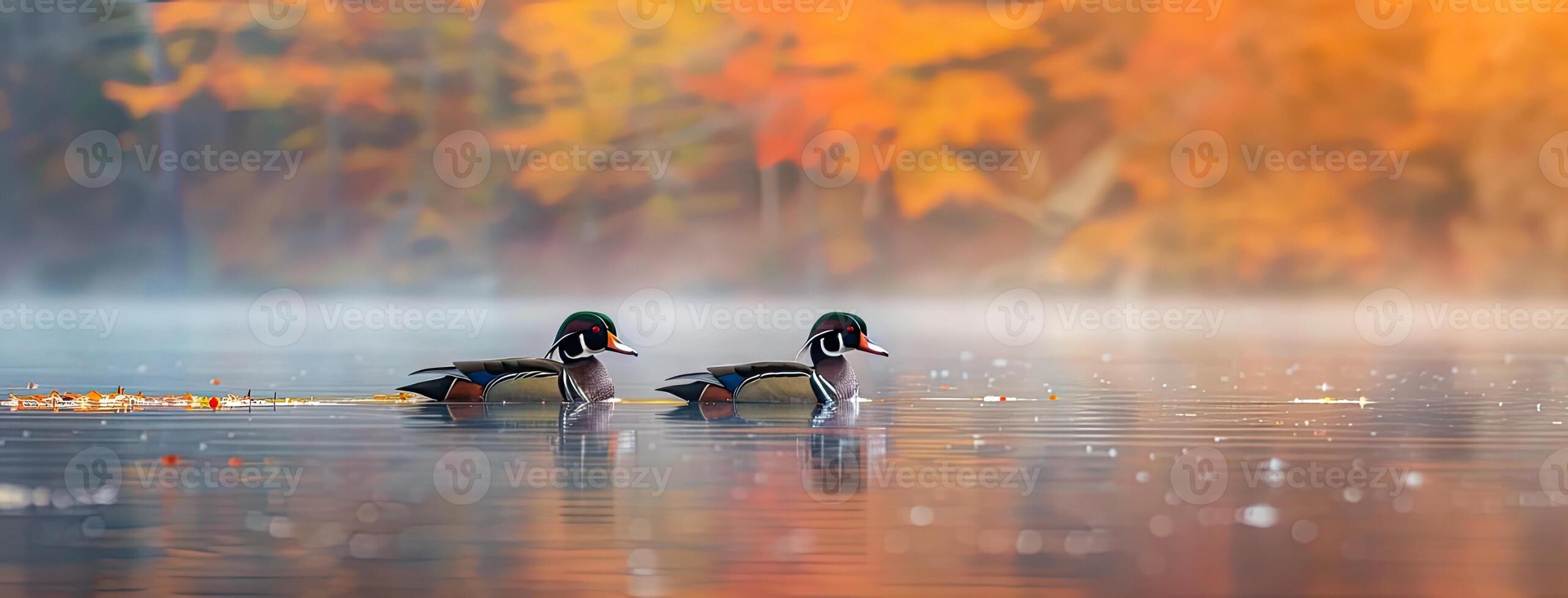 AI generated a pair of Wood Ducks gracefully gliding along the tranquil waters next to the shore of a mountain lake, illuminated by the soft hues of early morning light. photo