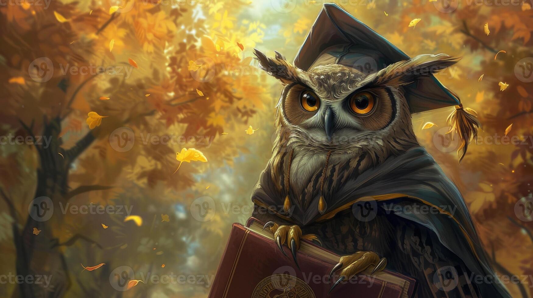 AI generated a majestic owl adorned in a graduation gown and mortarboard, exuding scholarly elegance and poise as it partakes in a solemn university ceremony. photo
