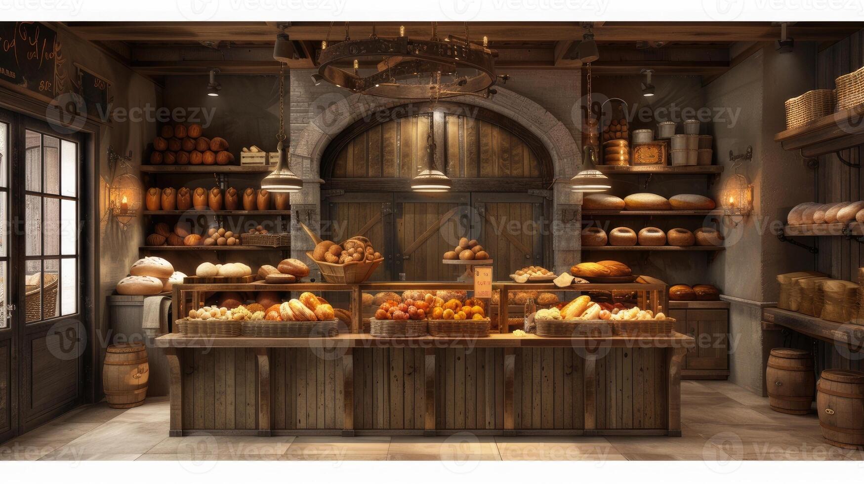 AI generated a quaint bakery, where artisanal bread varieties are artfully arranged on a rustic wooden counter, tempting passersby with their delicious aroma. photo