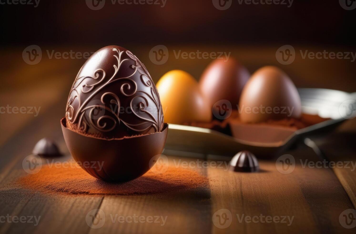 AI generated Easter, Easter chocolate eggs decorated with a pattern, sweets for children, chocolate dessert, gold decorations, wooden background photo