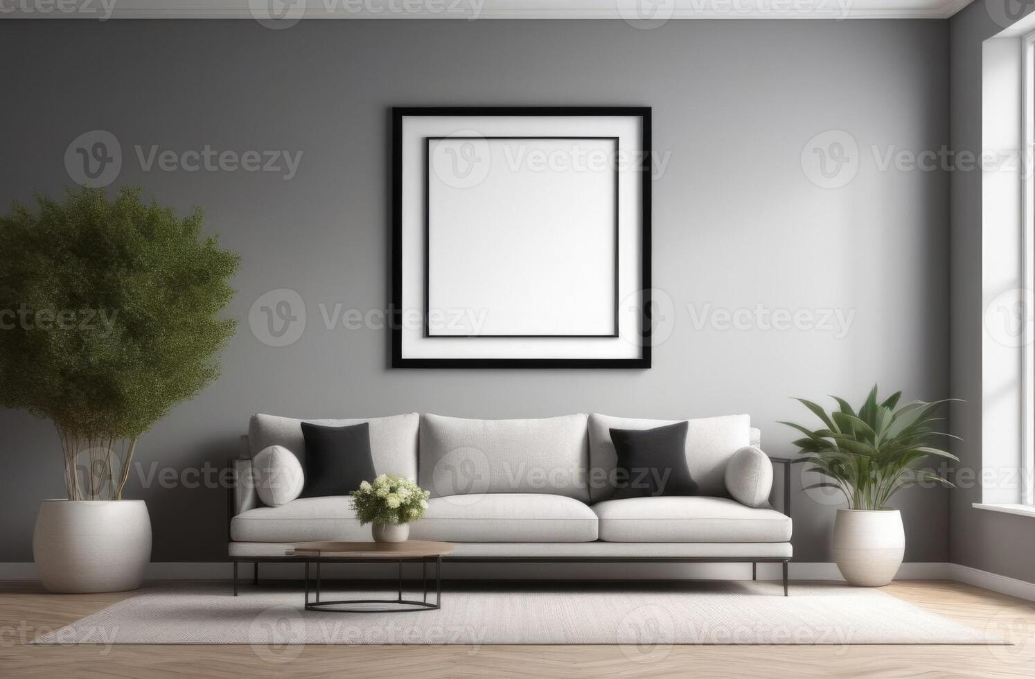 AI generated modern living room interior, empty mockup picture frame on the wall, minimalist interior, lounge area with sofa and coffee table, indoor plants, poster template photo
