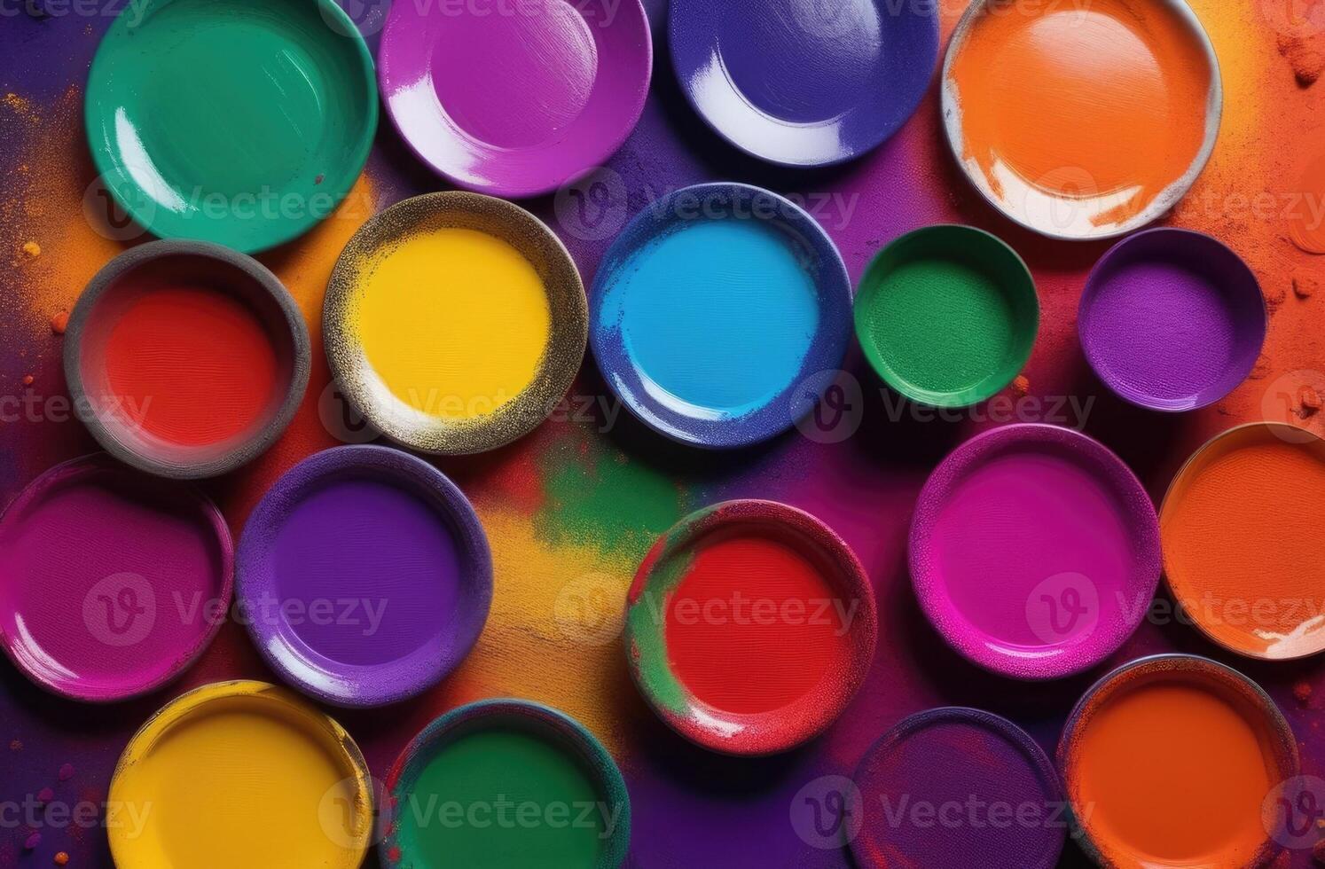 ai generado hola, el festival de primavera y brillante colores en India, arco iris colores, vistoso brillante polvo, frascos de pinturas, salpicaduras y manchas, parte superior vista, resumen antecedentes foto