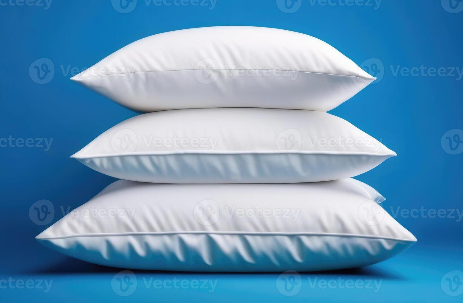 AI generated World Sleep Day, stack of three white pillows, bed linen, blue background photo