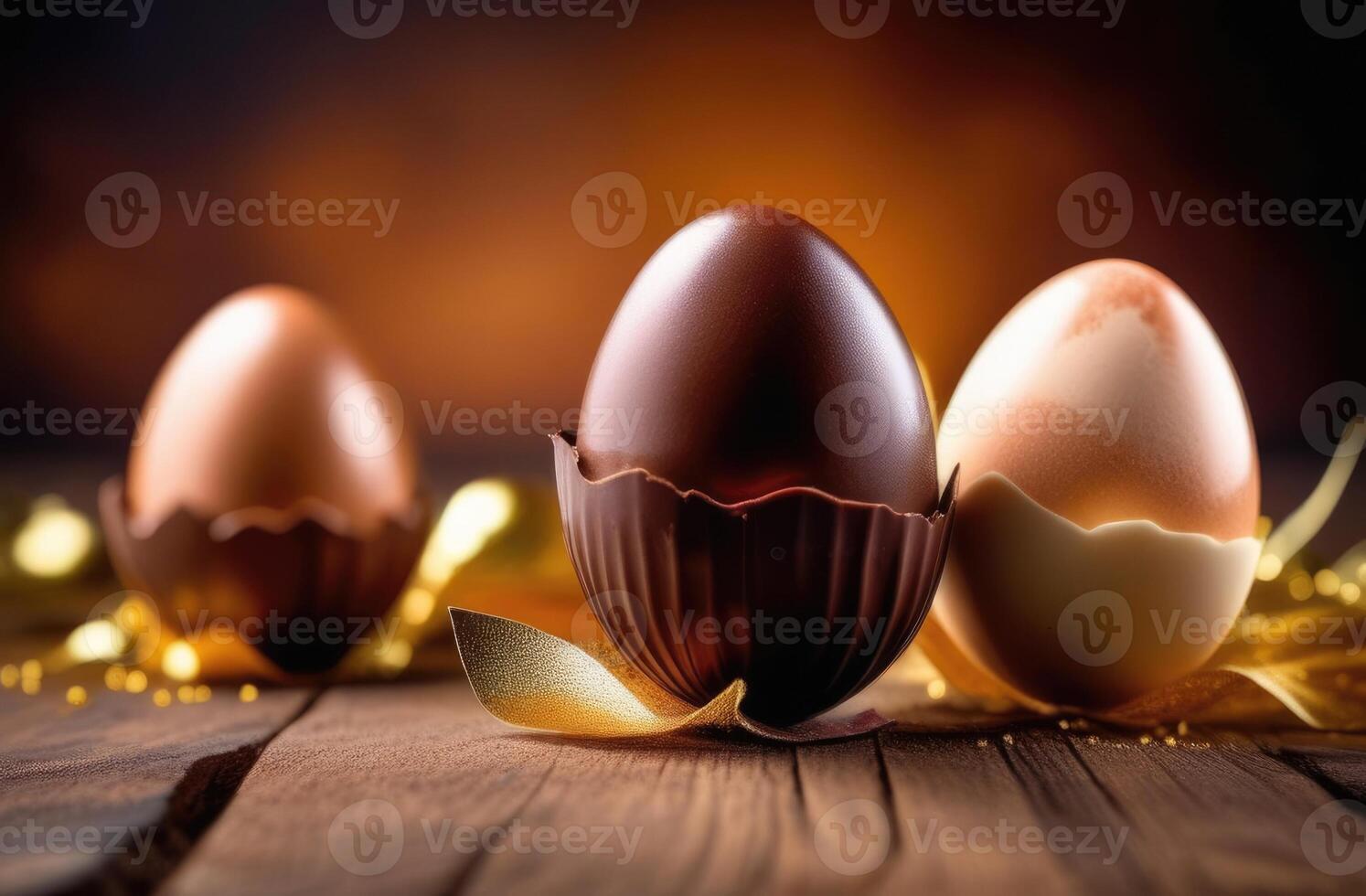 AI generated Easter, Easter chocolate eggs, sweets for children, chocolate dessert, gold jewelry, wooden background photo