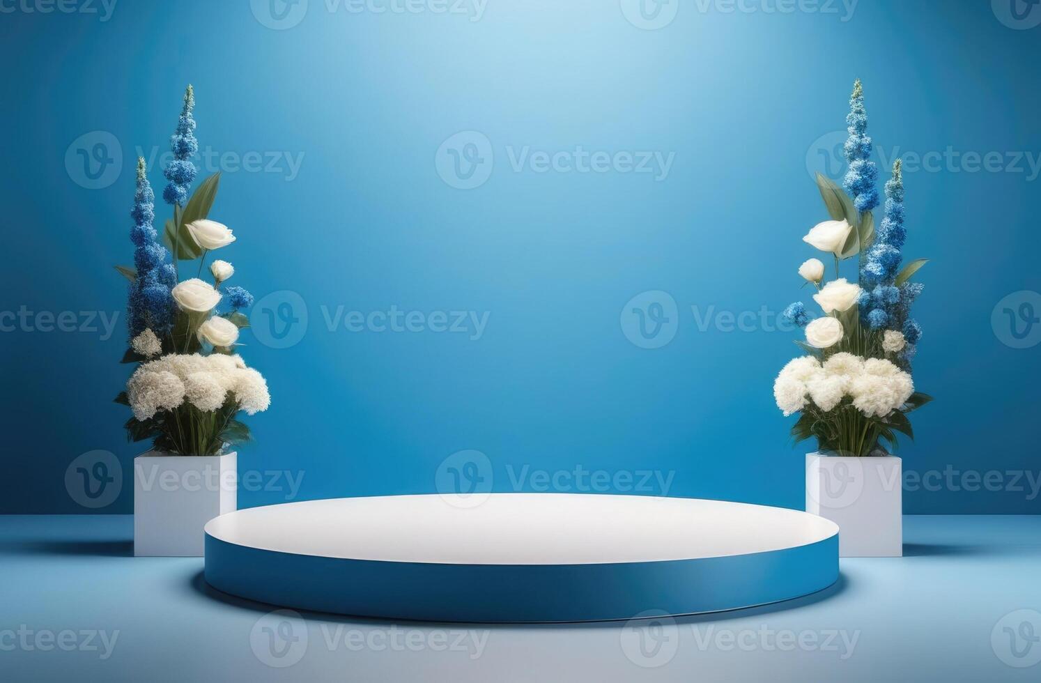 AI generated vases with bouquets of fresh flowers, an empty round blue podium, a platform for displaying cosmetics and perfumes, a scene template for advertising, a blue background photo