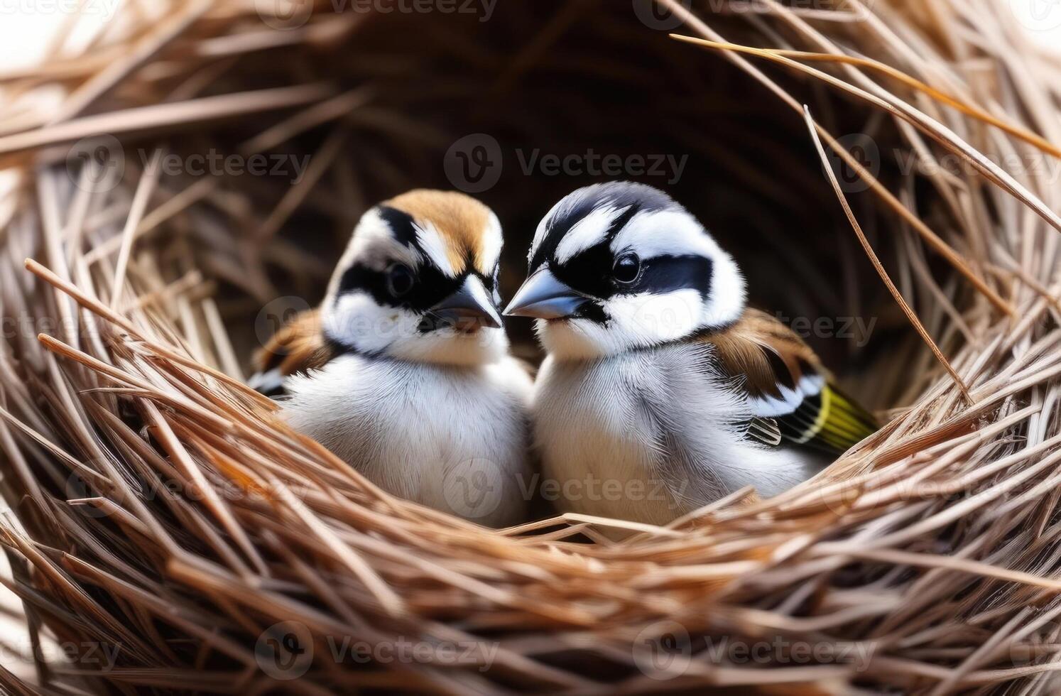 AI generated international Bird Day, World Sparrow Day, two small sparrows in a nest on a tree branch, small chicks, sunny day photo