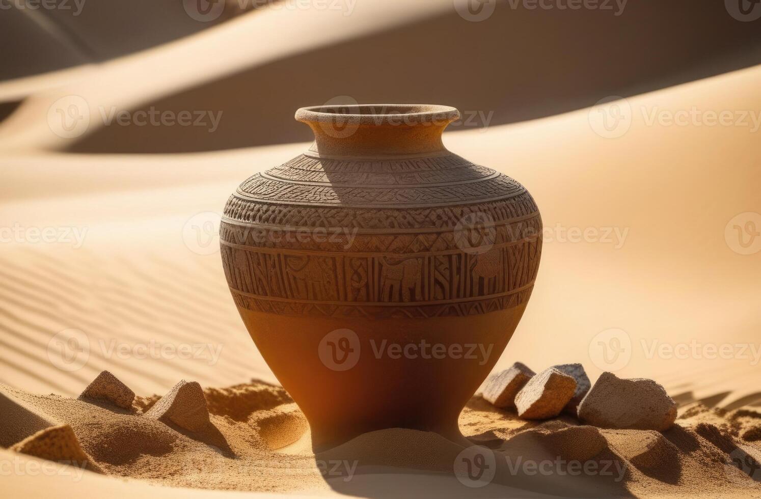 ai generado antiguo florero, arqueológico excavaciones en el desierto, antiguo arcilla florero, arqueológico cerámica, restos de antiguo griego o antiguo egipcio cultura foto