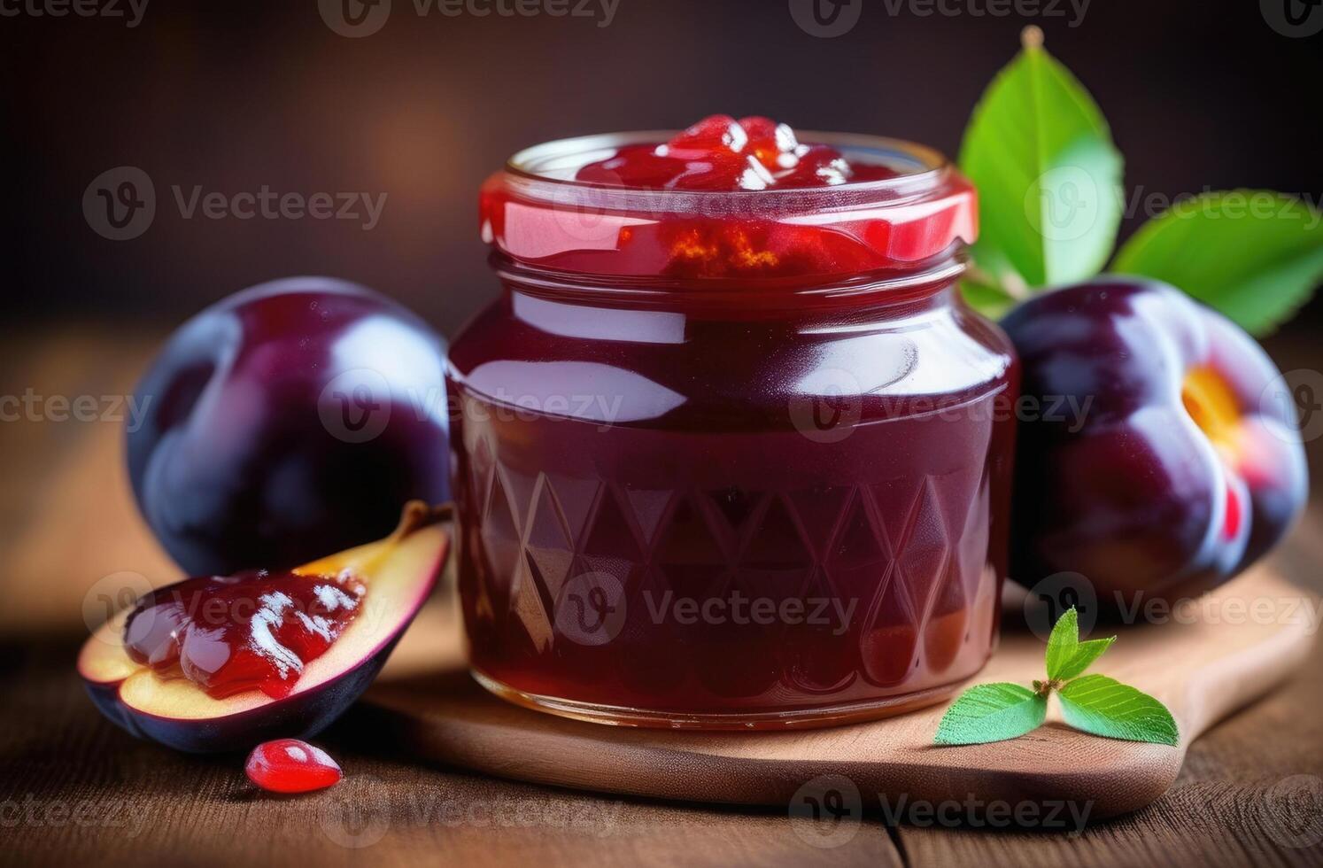 AI generated sweet dessert made of fresh fruits, a jar of plum jam, Homemade plum jam, fruit marmalade, homemade autumn preparations photo