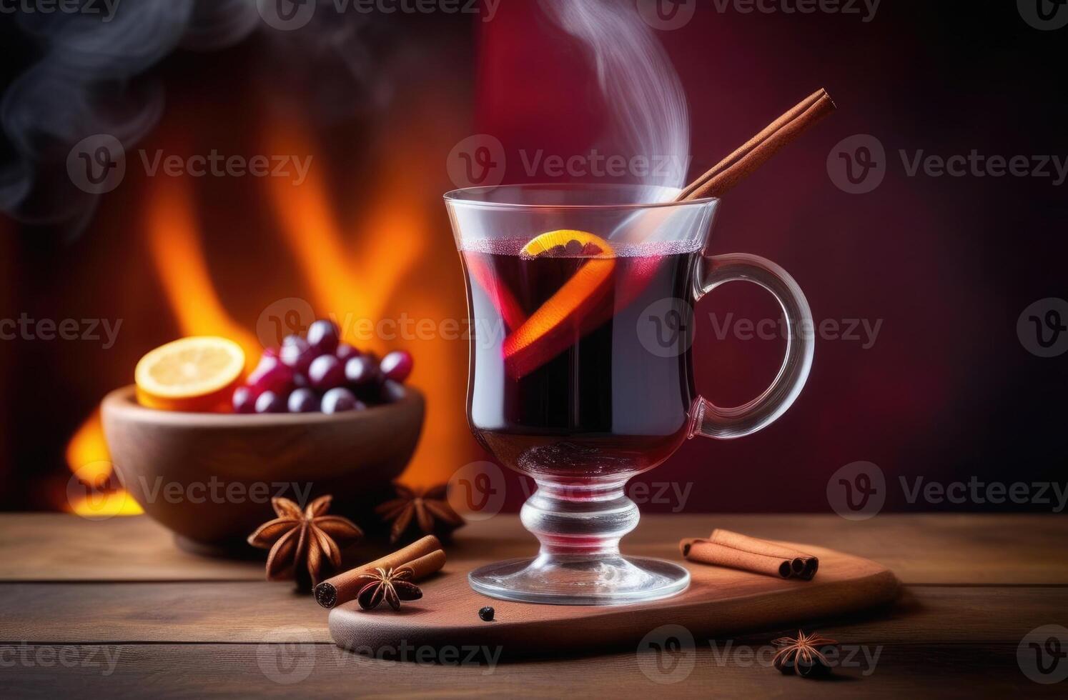 AI generated Christmas traditional drink, glass of non-alcoholic mulled wine, hot alcoholic mulled wine, winter drink with orange, cinnamon and spices, dark background photo