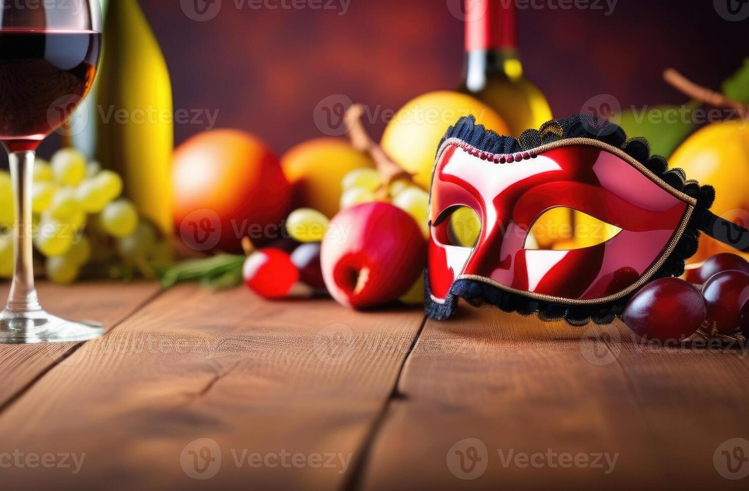 AI generated Purim, traditional Jewish dish, national Jewish cuisine, festive carnival mask, bottle of wine, bunches of grapes, fruits on a wooden table photo